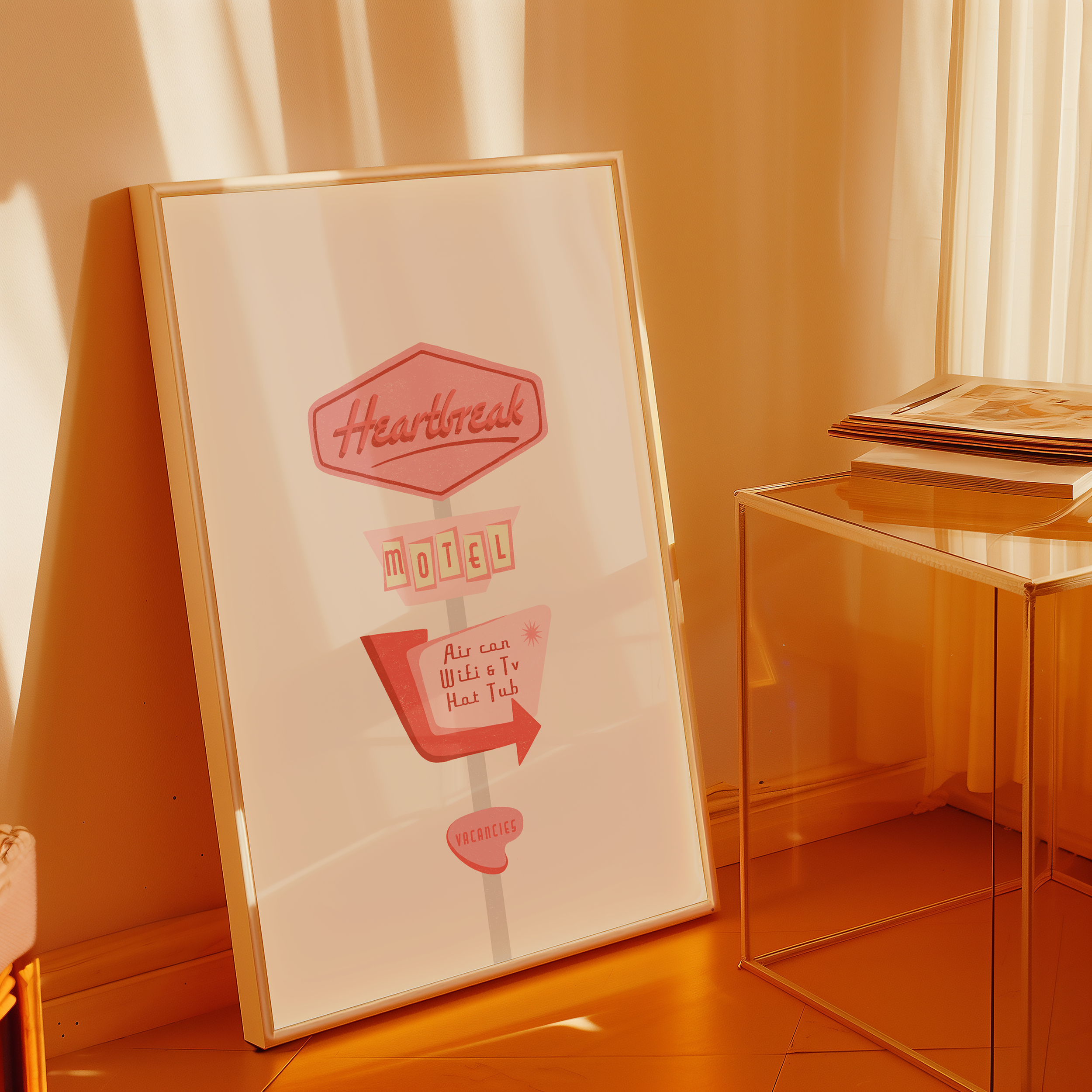 Bold dopamine decor print poster illustration of a retro motel sign in various pink tones that says "heart break motel". Feminine decor style. retro feel.