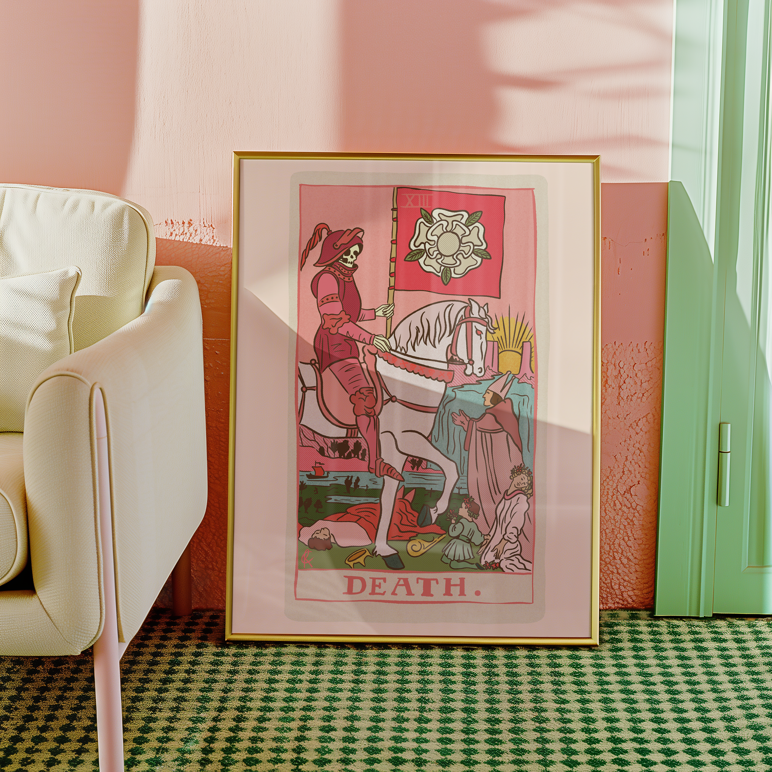 Death tarot card print, feminine pink witchy spiritual decor poster print.