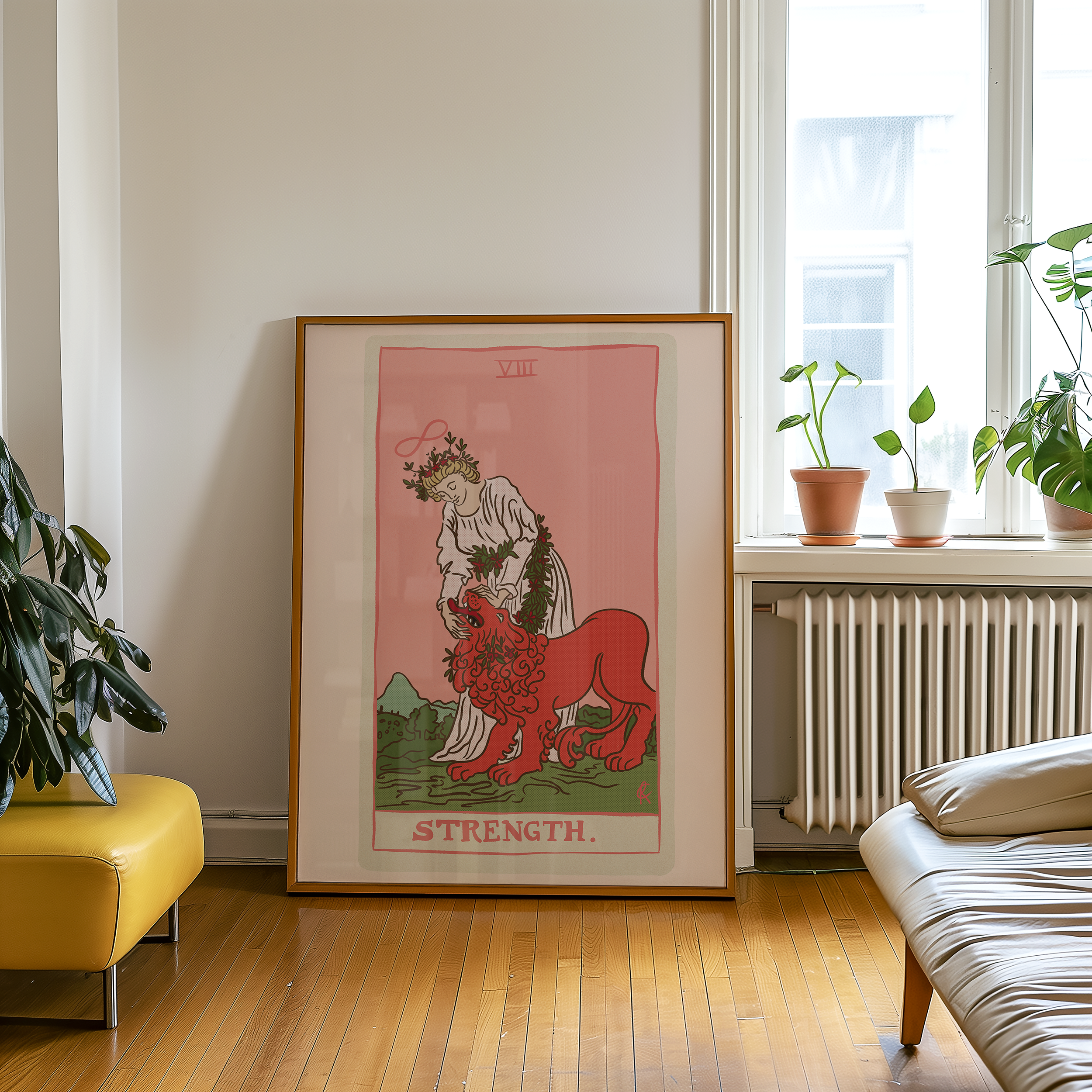 Strength tarot card print, feminine pink witchy spiritual decor poster print.