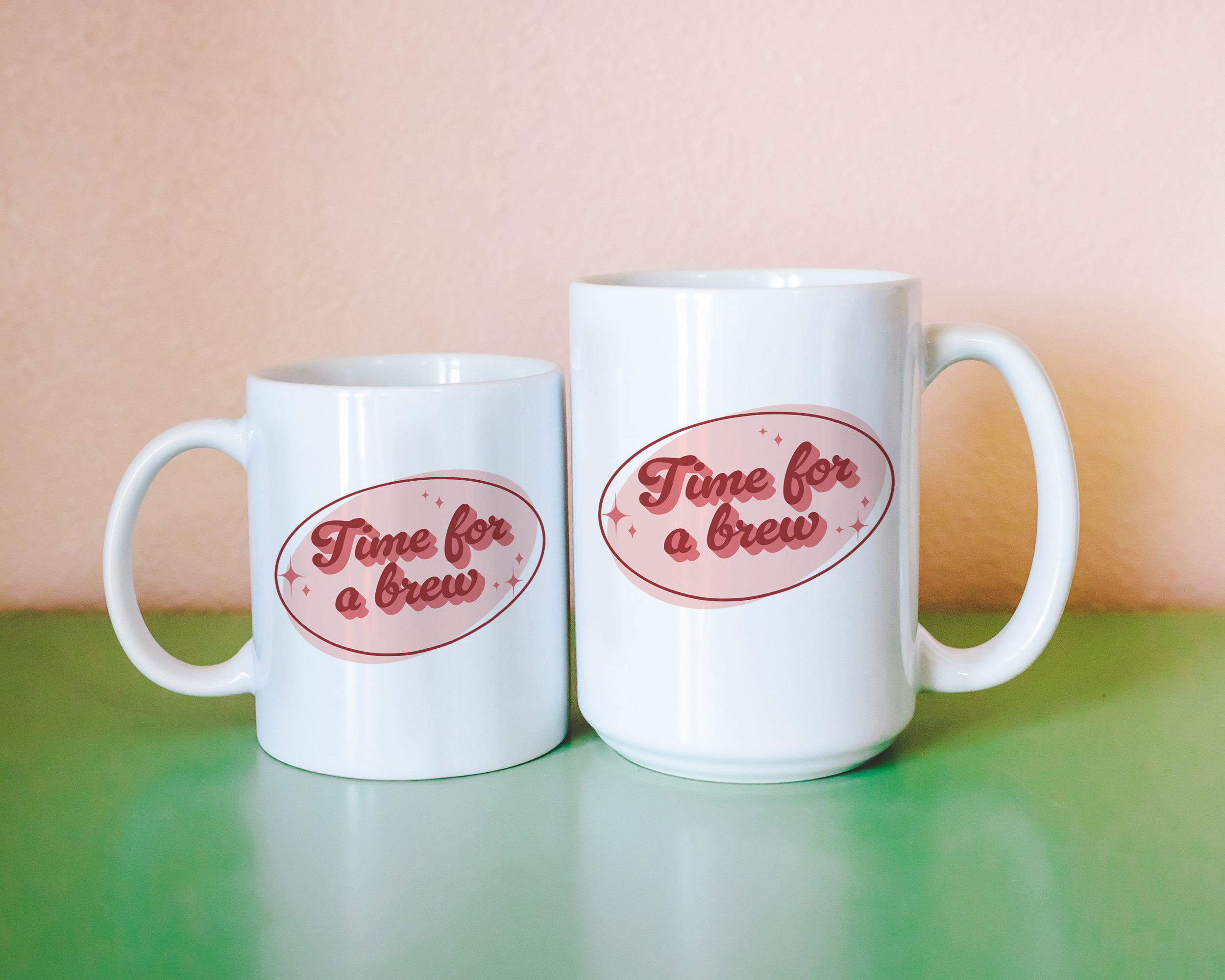 White coffee mug that says "time for a brew" in a retro vintage font that's pink. Available in 11oz and 15oz