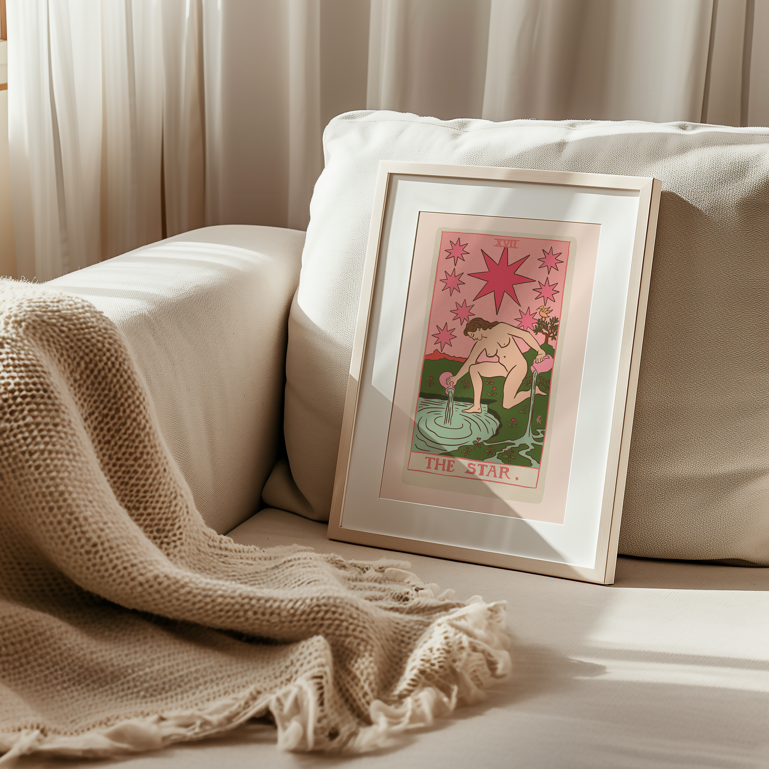 The Star tarot card print, feminine pink witchy spiritual decor poster print.
