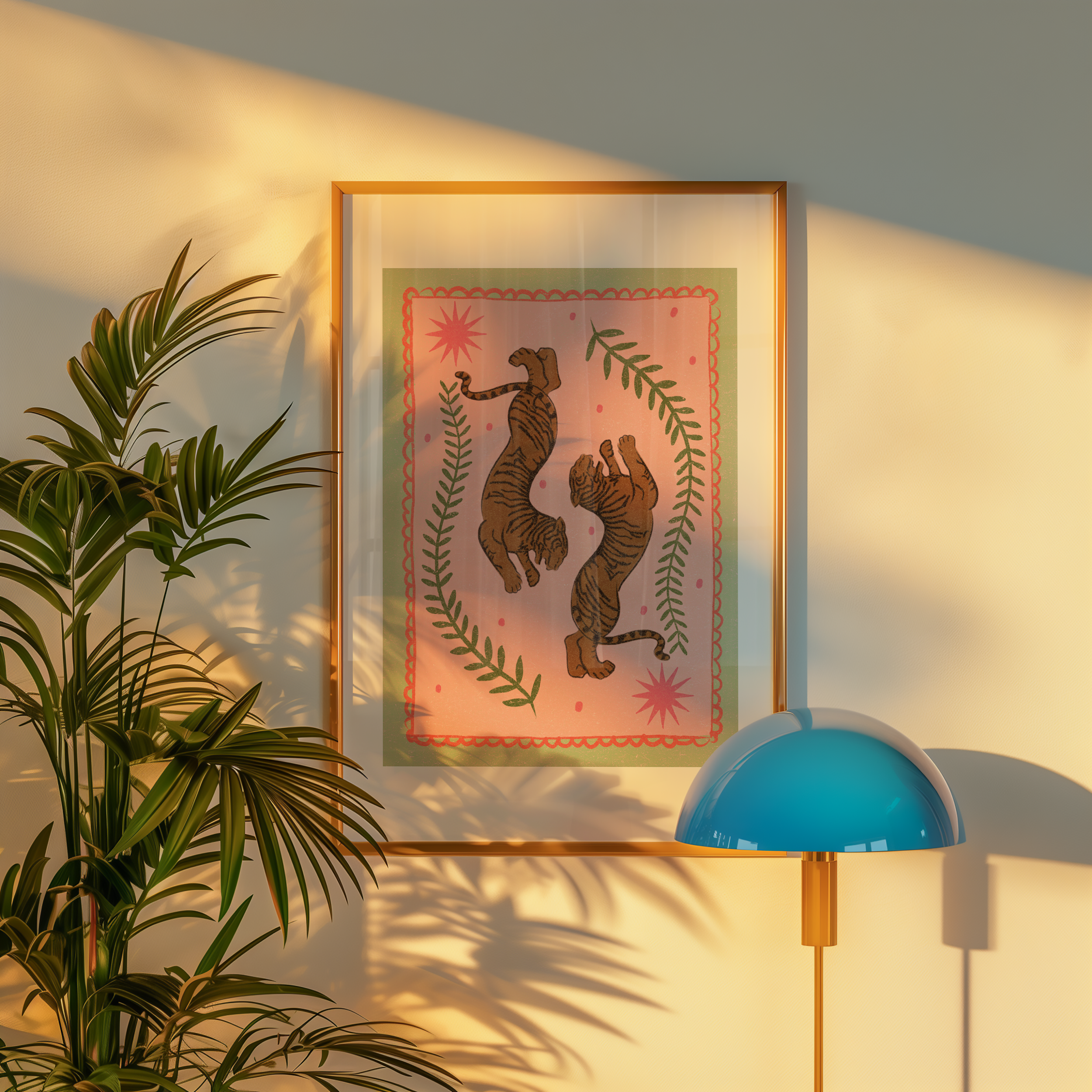 Bold dopamine decor print poster illustration of tigers. Retro style decor. midcentury modern