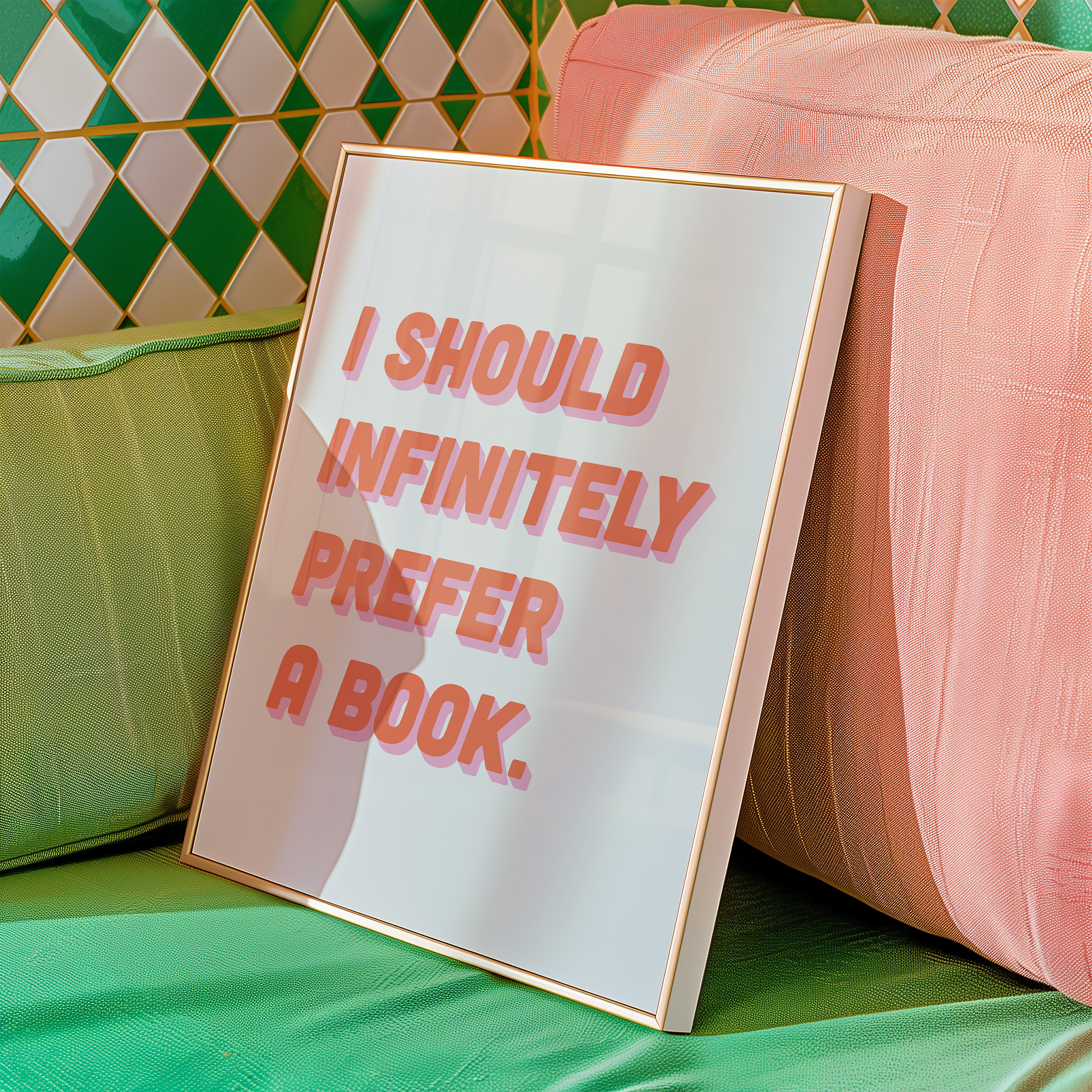 Bold dopamine decor quote print poster, “I should infinitely prefer a book.” Jane Eyre quote. retro two tone font pink
