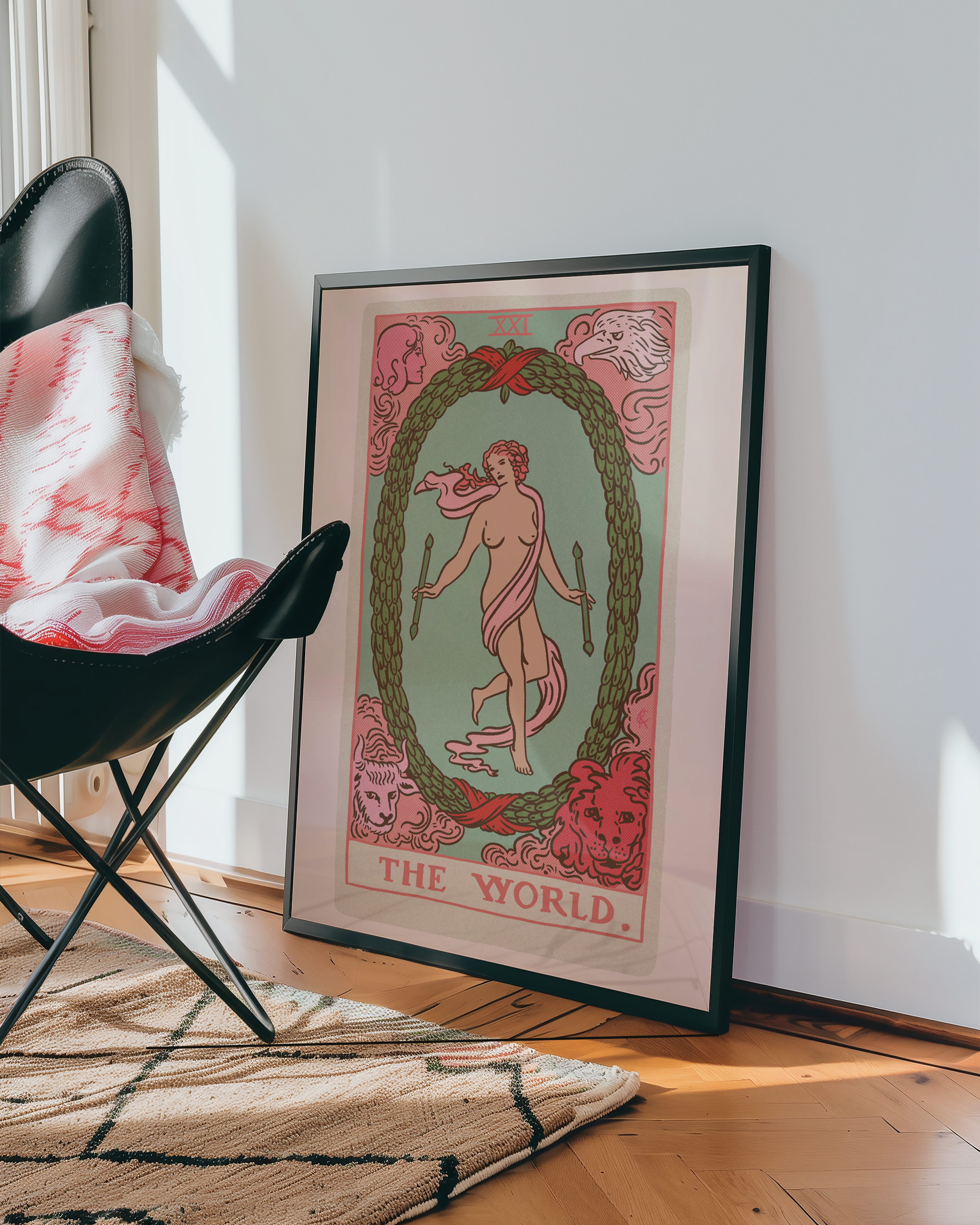 The World tarot card print, feminine pink witchy spiritual decor poster print.