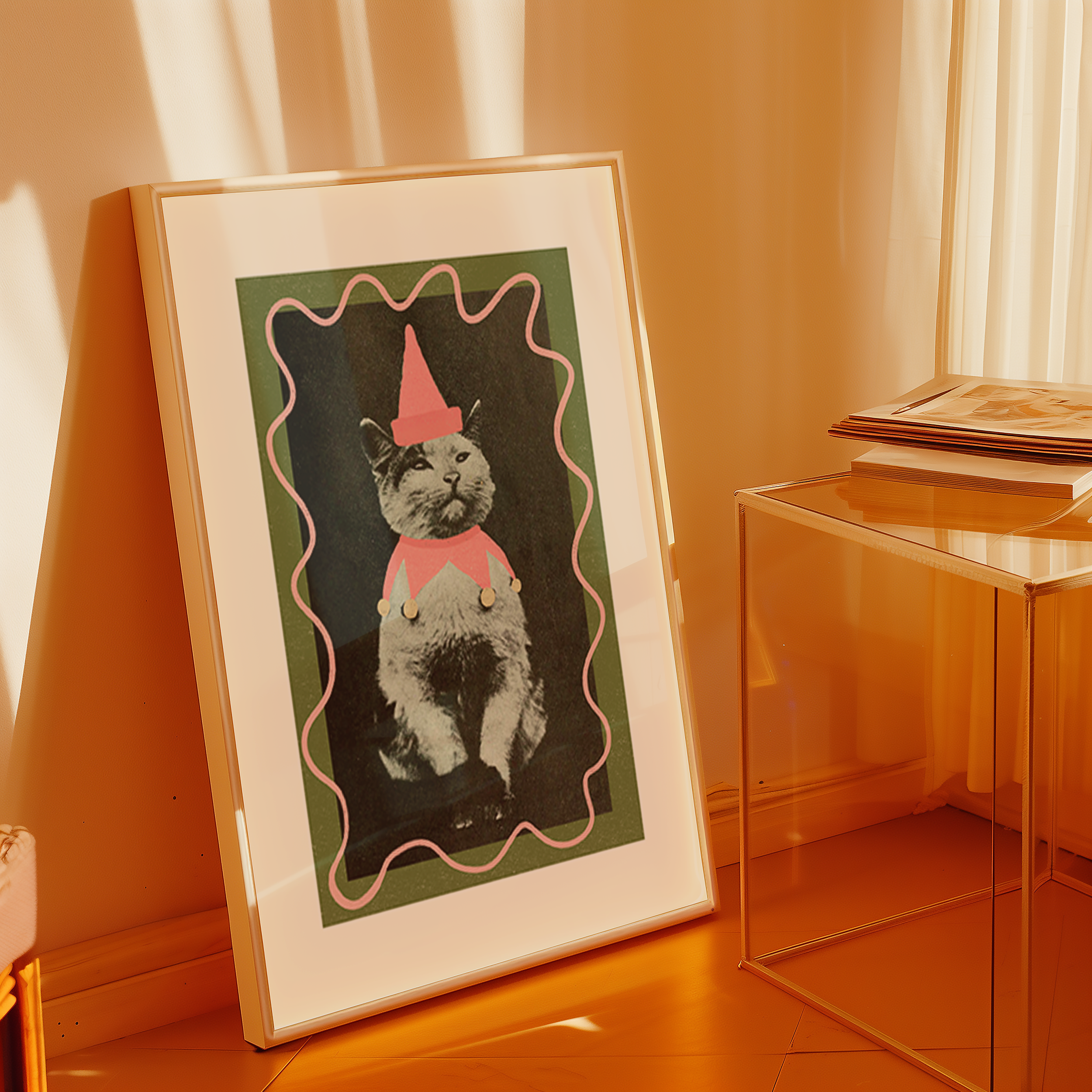 Dopamine decor poster print. Victorian photography pf cat wearing a jester costume, enhances with modern colour elements of pink and green