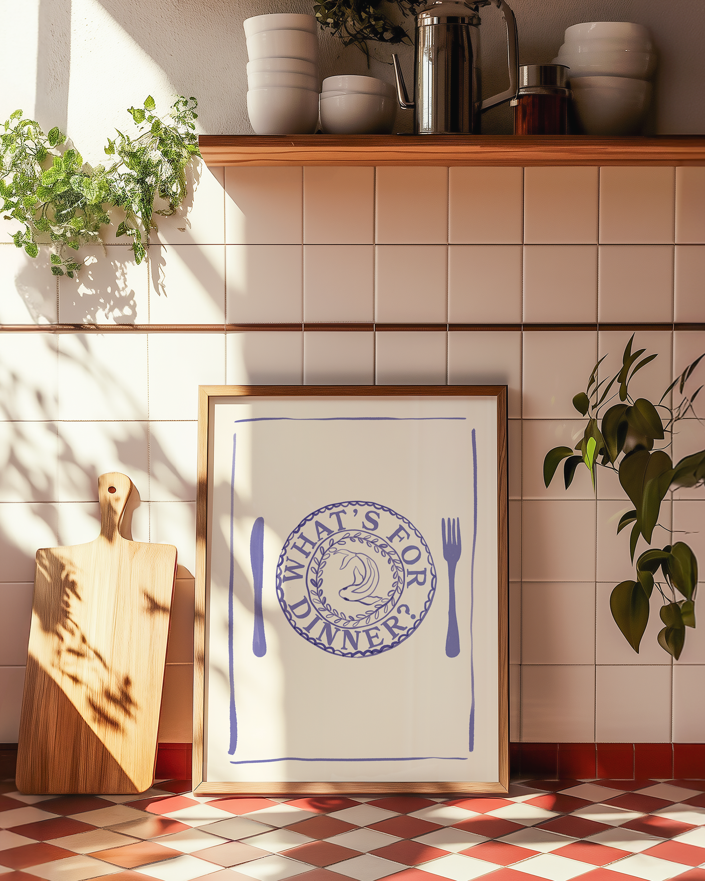 Bold dopamine decor print poster of a dinner place and knife and fork with the phrase "Whats's for dinner?" in watercolour style. kitchen poster. Blue and cream. Food poster print