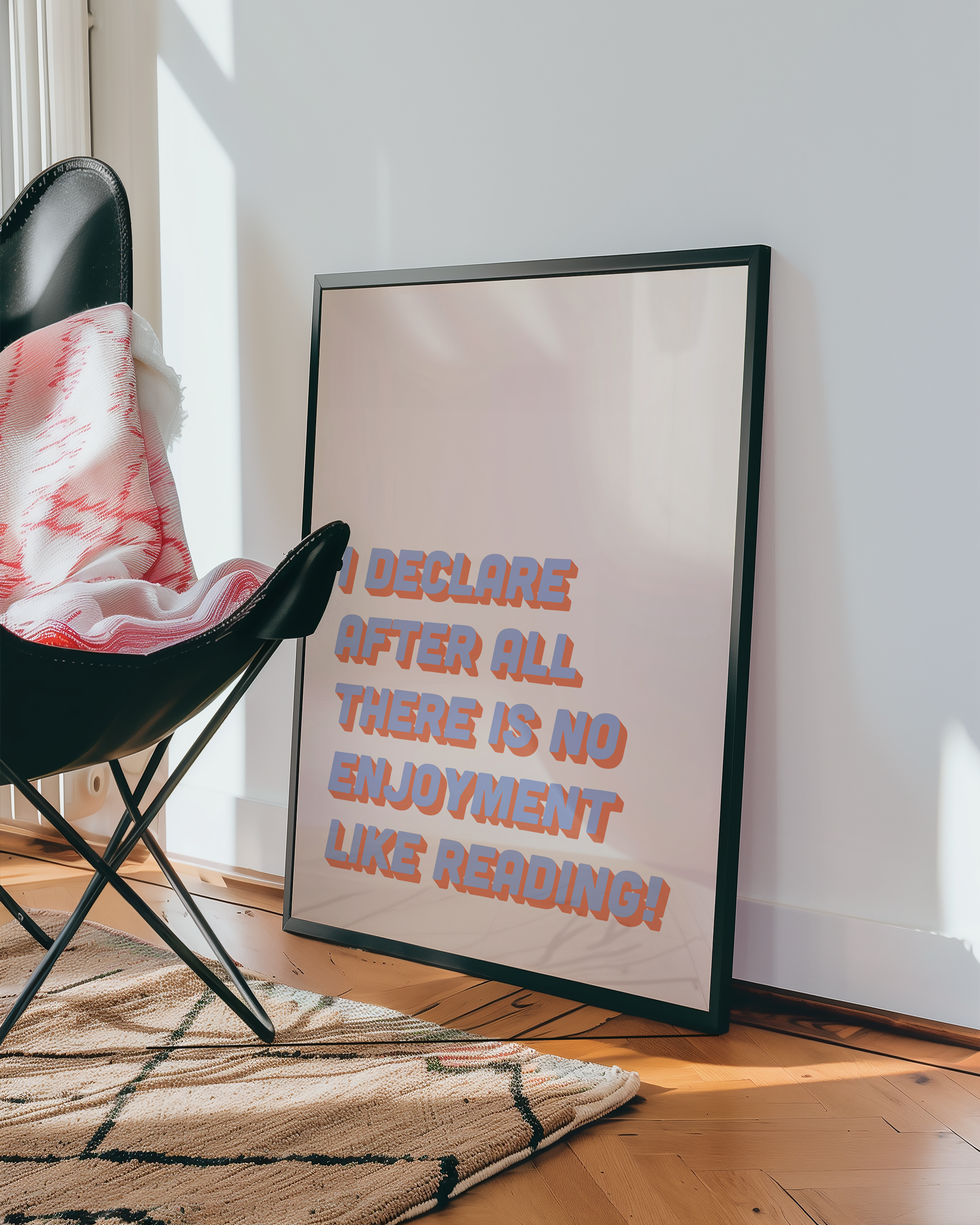 Bold Dopamine decor print poster jane eyre quote “I declare after all there is no enjoyment like reading.” in two tone retro font blue and red