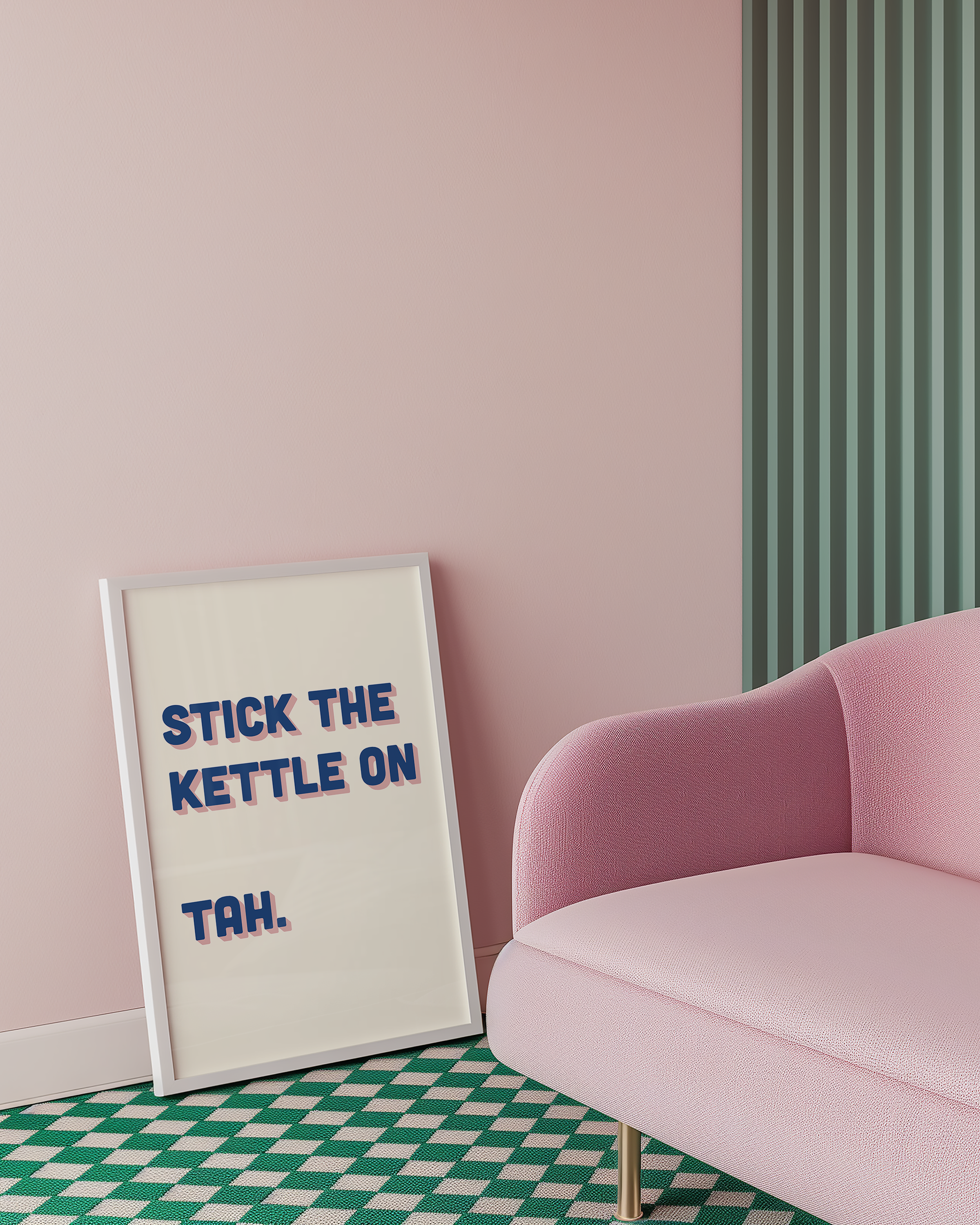 Funny quote print poster that says "Stick the Kettle On Tah" in two tone retro blue and pink font. British humour poster