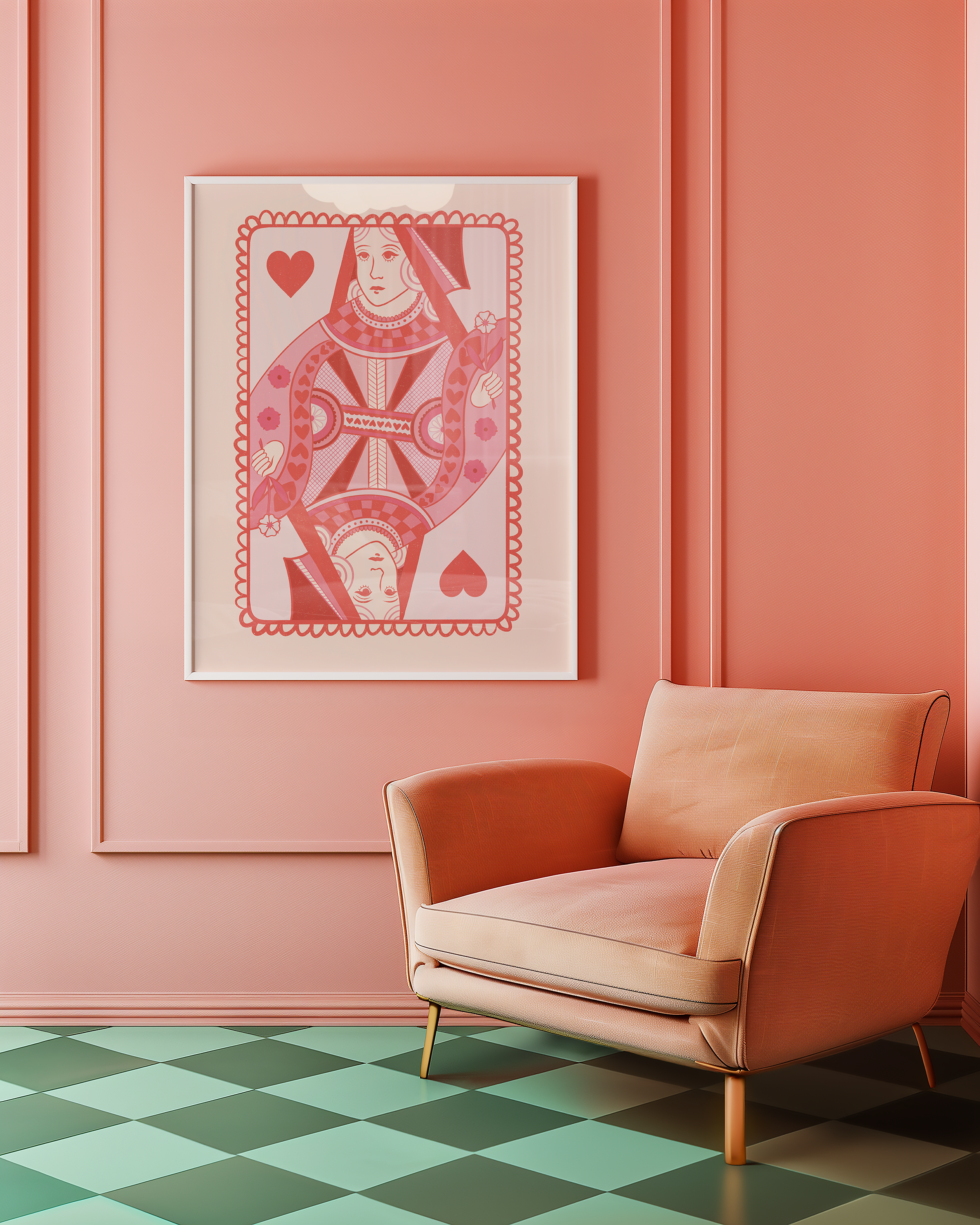 Bold dopamine decor print poster illustarion of queen of hearts card in pink. Feminine decor style. retro feel.