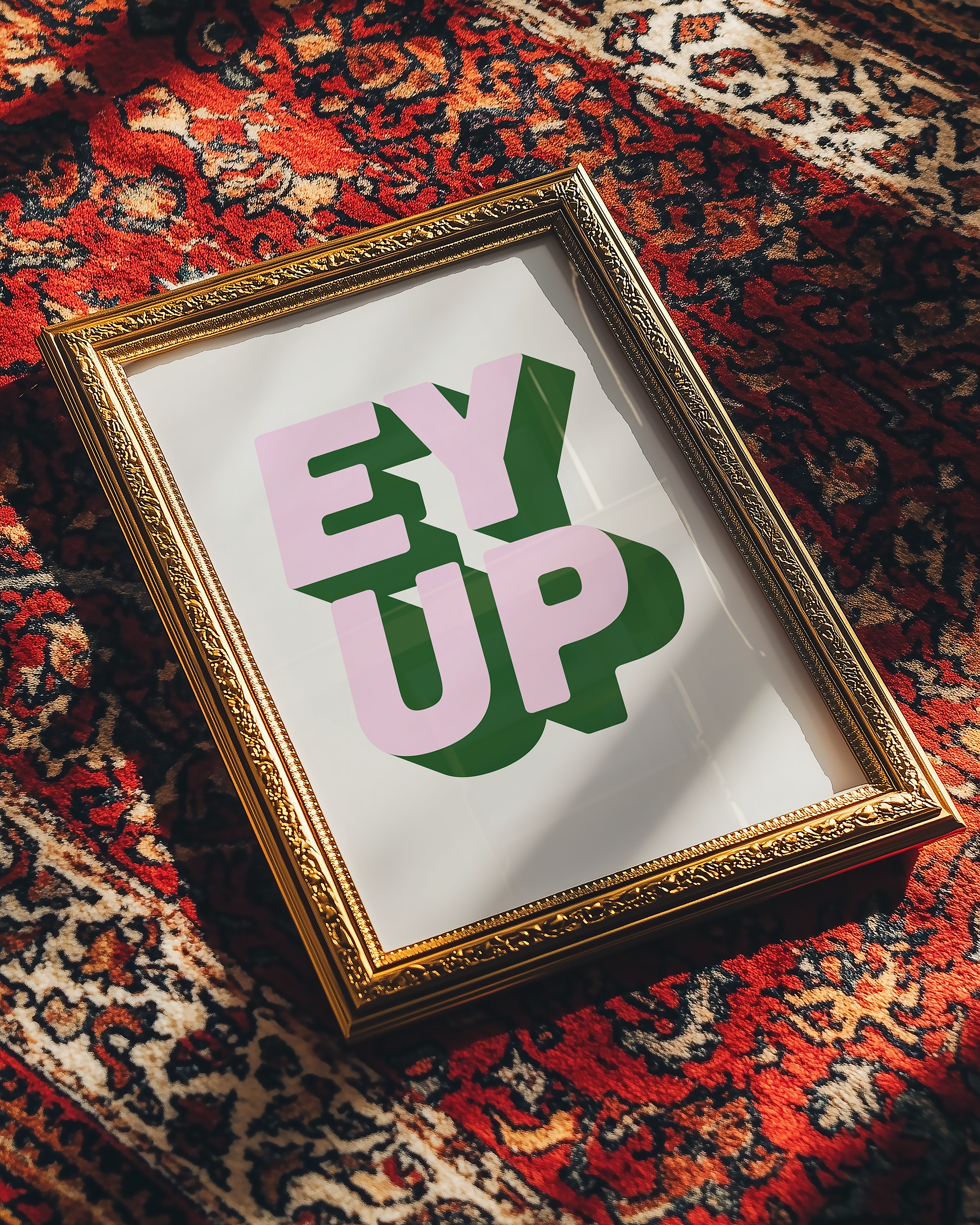 Bold quote print poster decor "Ey up". British quote. Yorkshire quote. Dopamine decor. Retro two tone font green and pink.