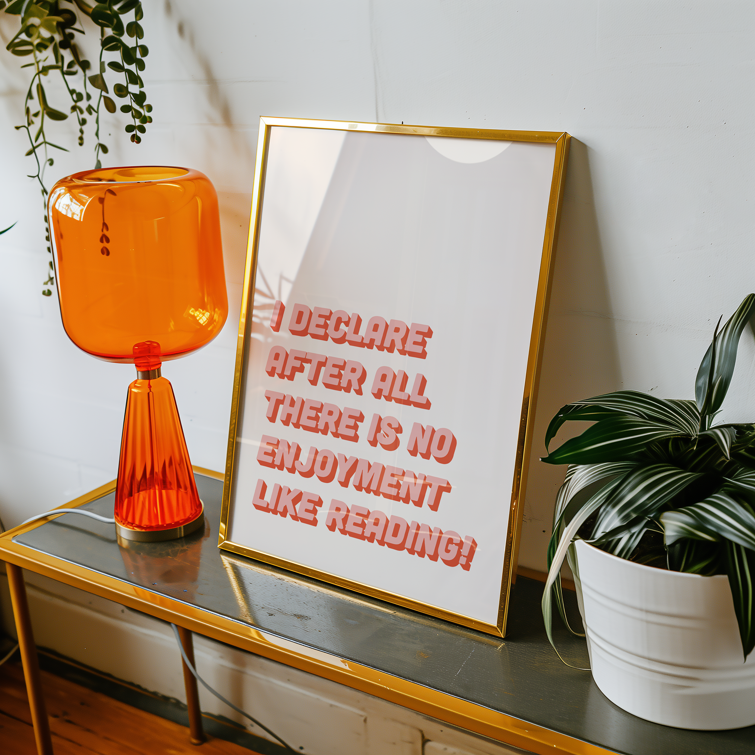 Bold Dopamine decor print poster jane eyre quote “I declare after all there is no enjoyment like reading.” in two tone retro font pink and red