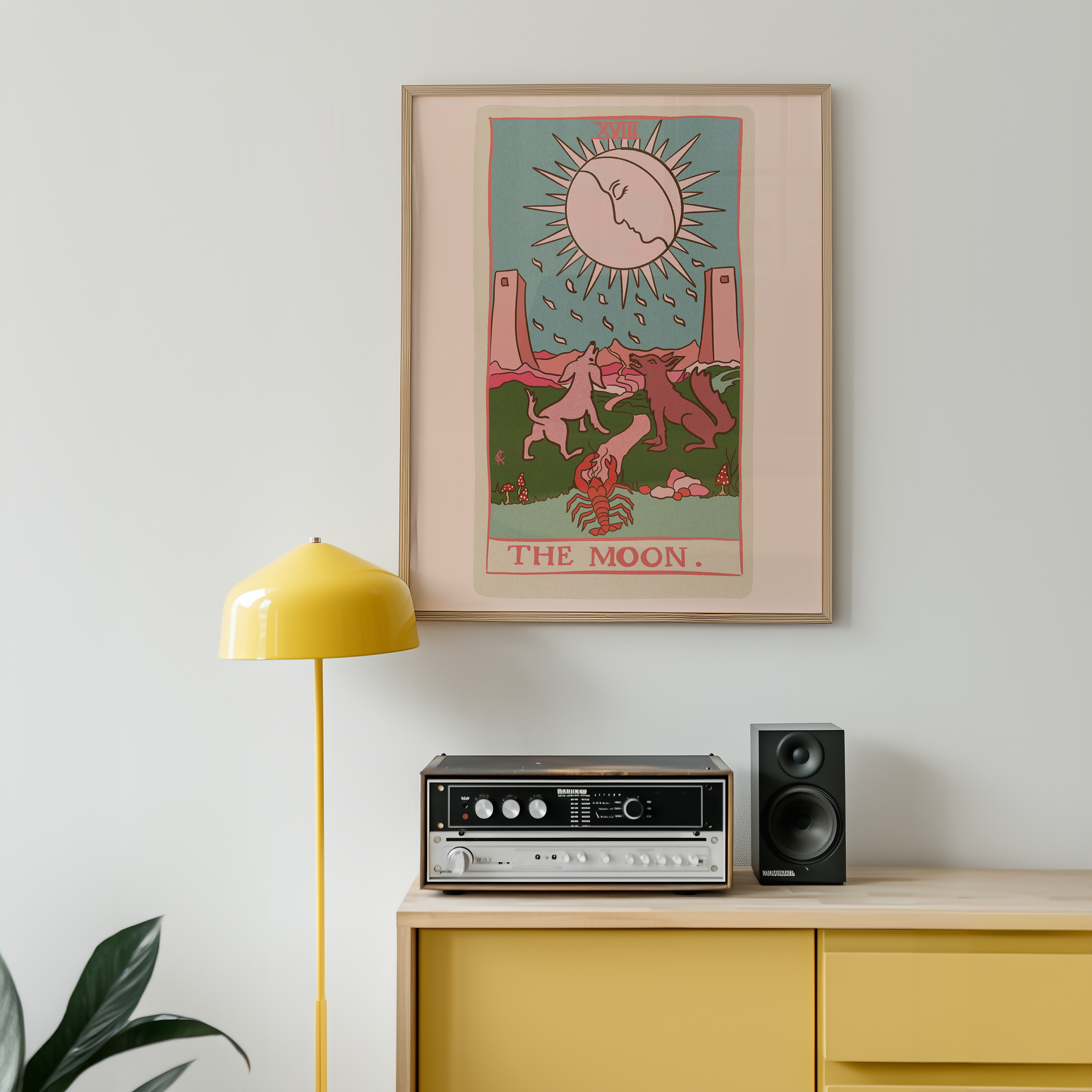 The Moon tarot card print, feminine pink witchy spiritual decor poster print.