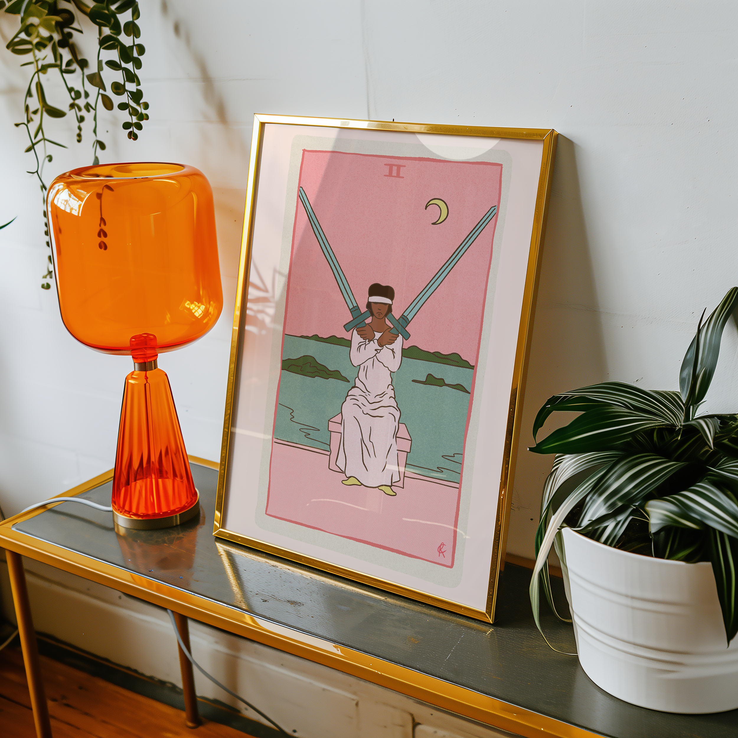 Two of Swords tarot card print, feminine pink witchy spiritual decor poster print.