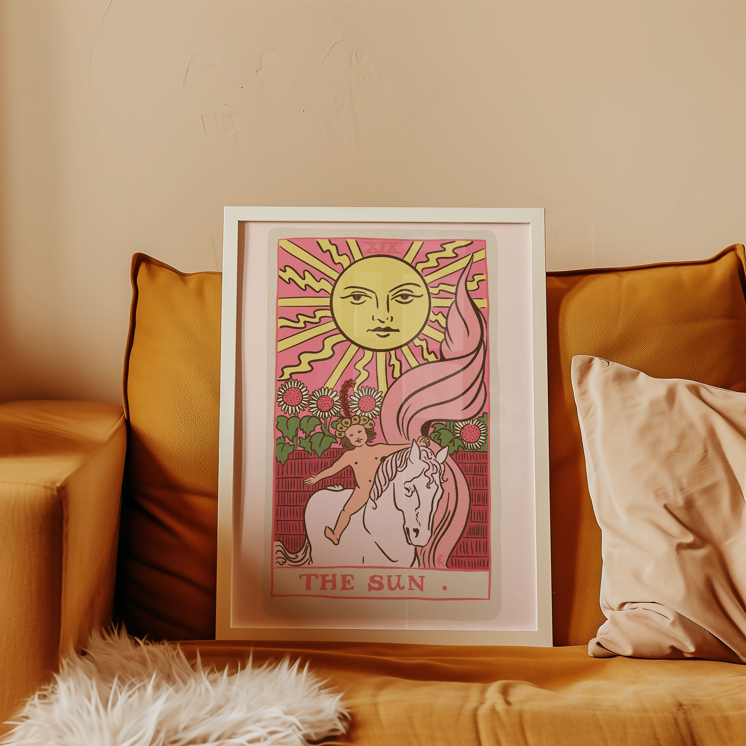 The Sun tarot card print, feminine pink witchy spiritual decor poster print.