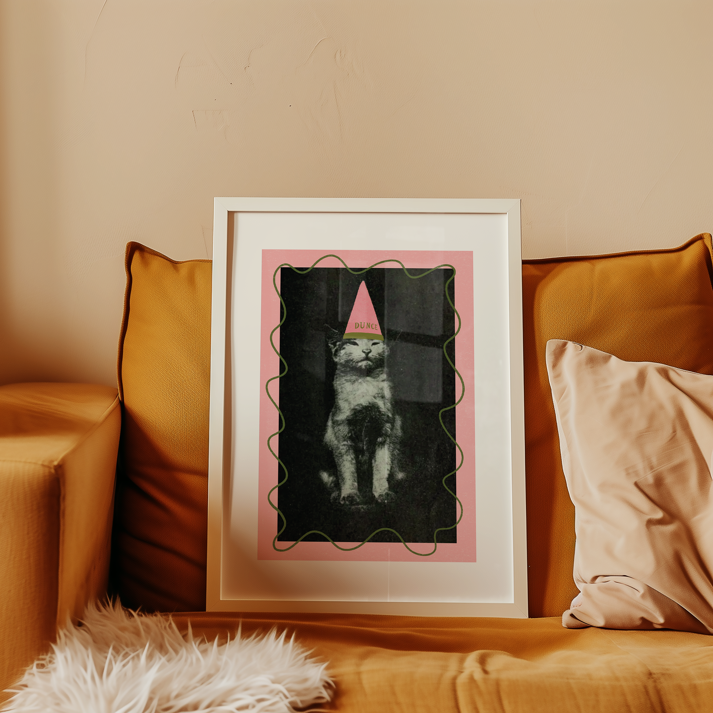 Dopamine decor poster print. Victorian photography pf cat wearing a dunce cat, enhances with modern colour elemants of pink and green