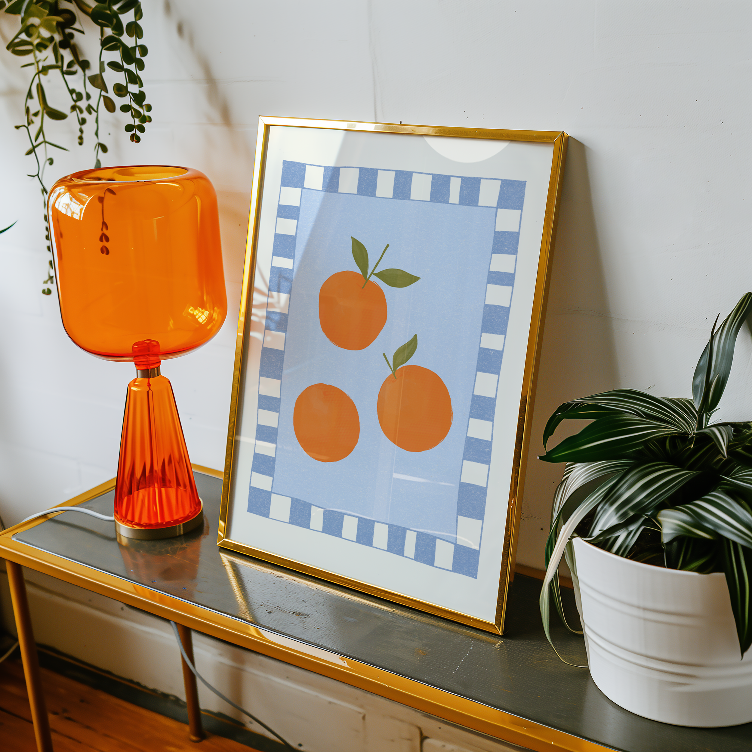 Bold dopamine decor print poster of oranges. kitchen poster. Orange and blue. Mediterranean fee