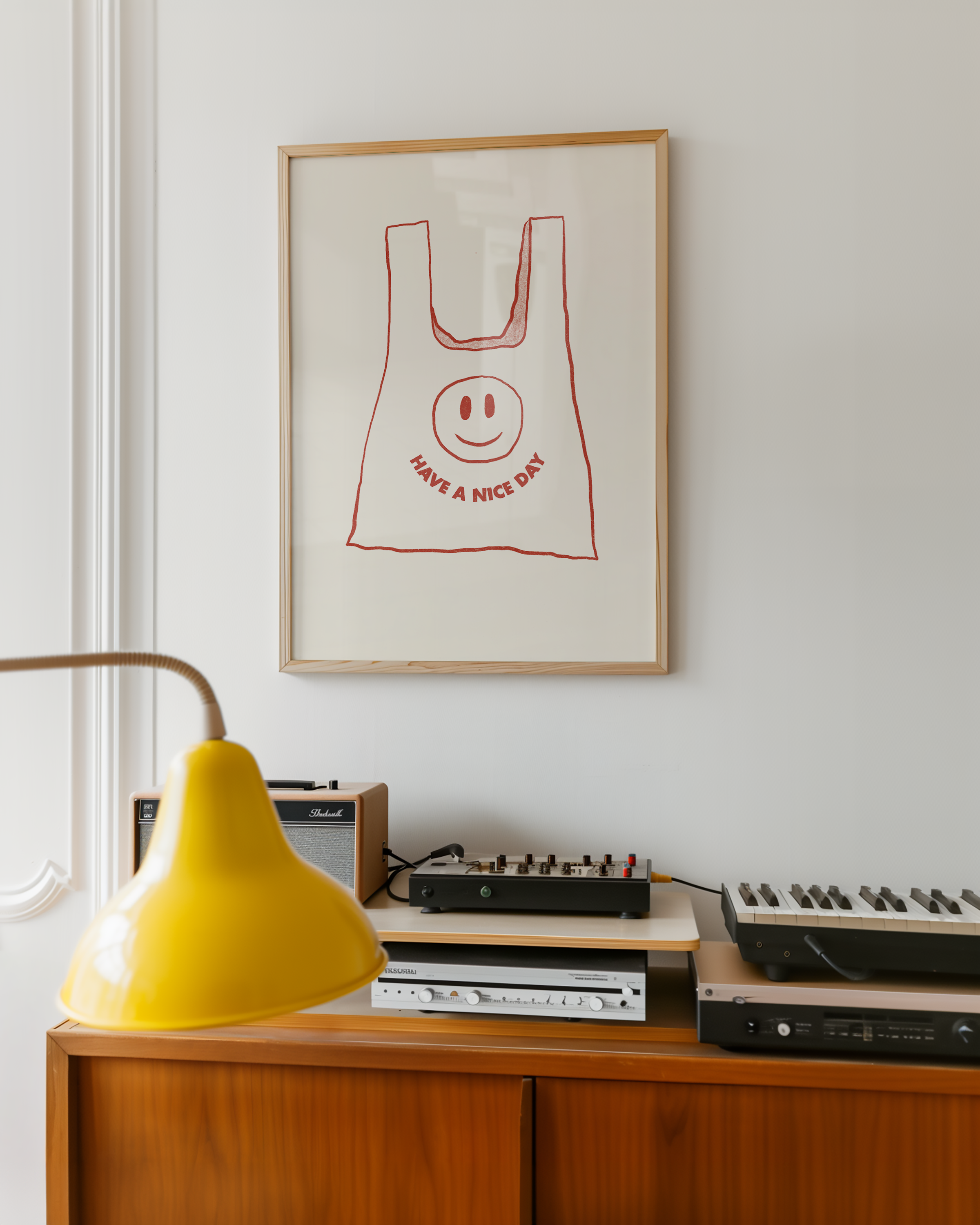 Bold dopamine decor print poster illustration of plastic bag that says have a nice day with a smiling face. Retro style decor. midcentury modern. red and cream.