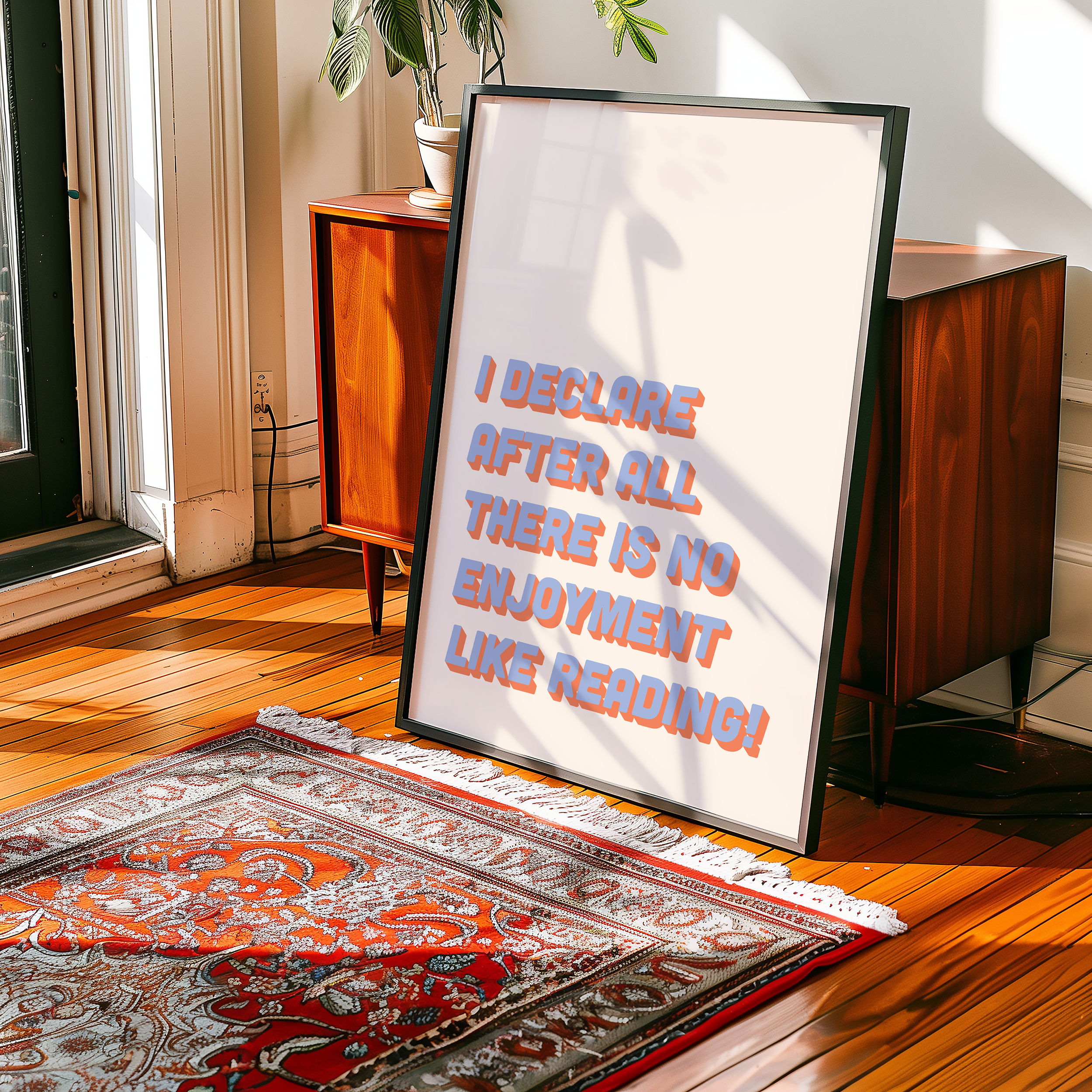 Bold Dopamine decor print poster jane eyre quote “I declare after all there is no enjoyment like reading.” in two tone retro font blue and red