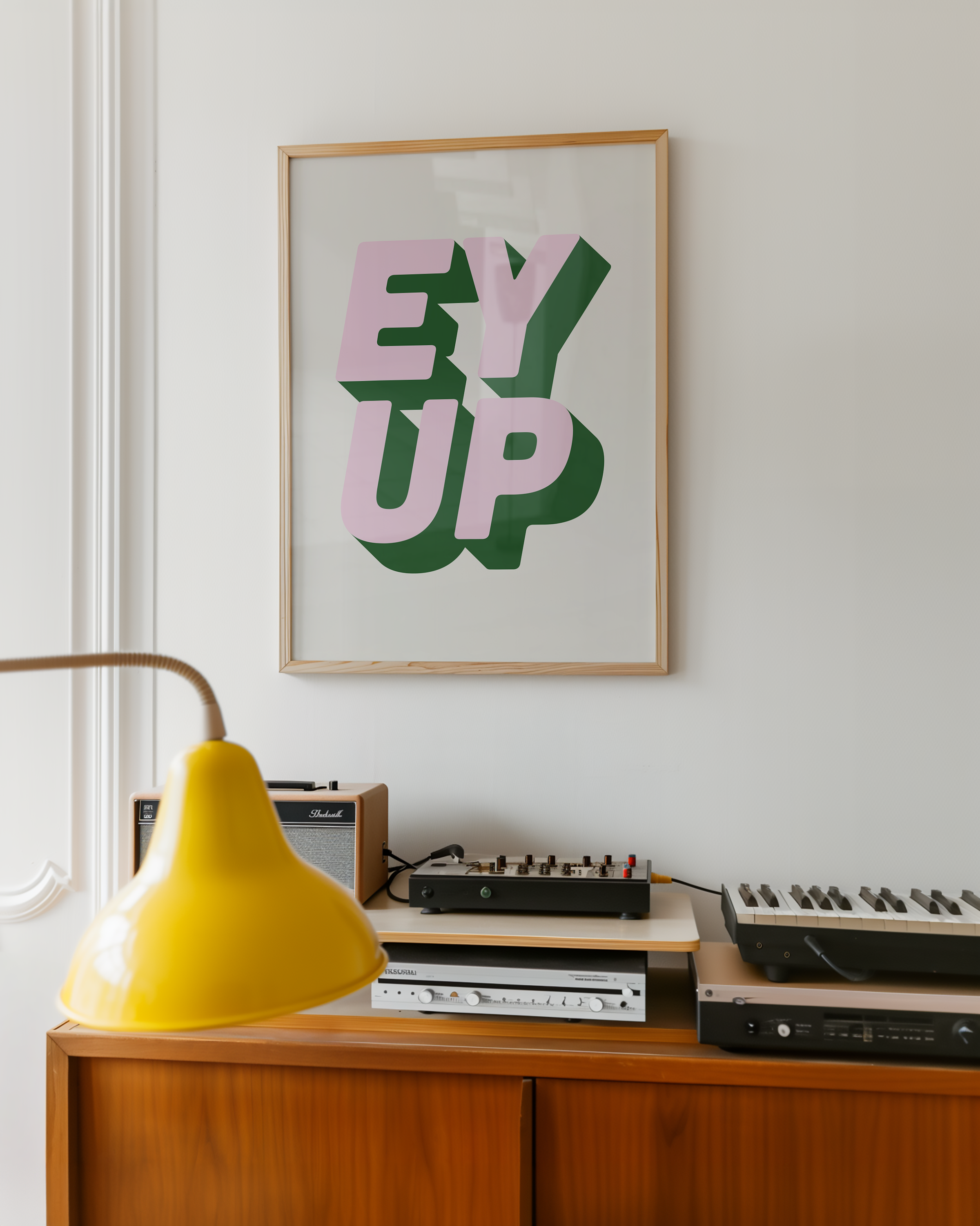 Bold quote print poster decor "Ey up". British quote. Yorkshire quote. Dopamine decor. Retro two tone font green and pink.