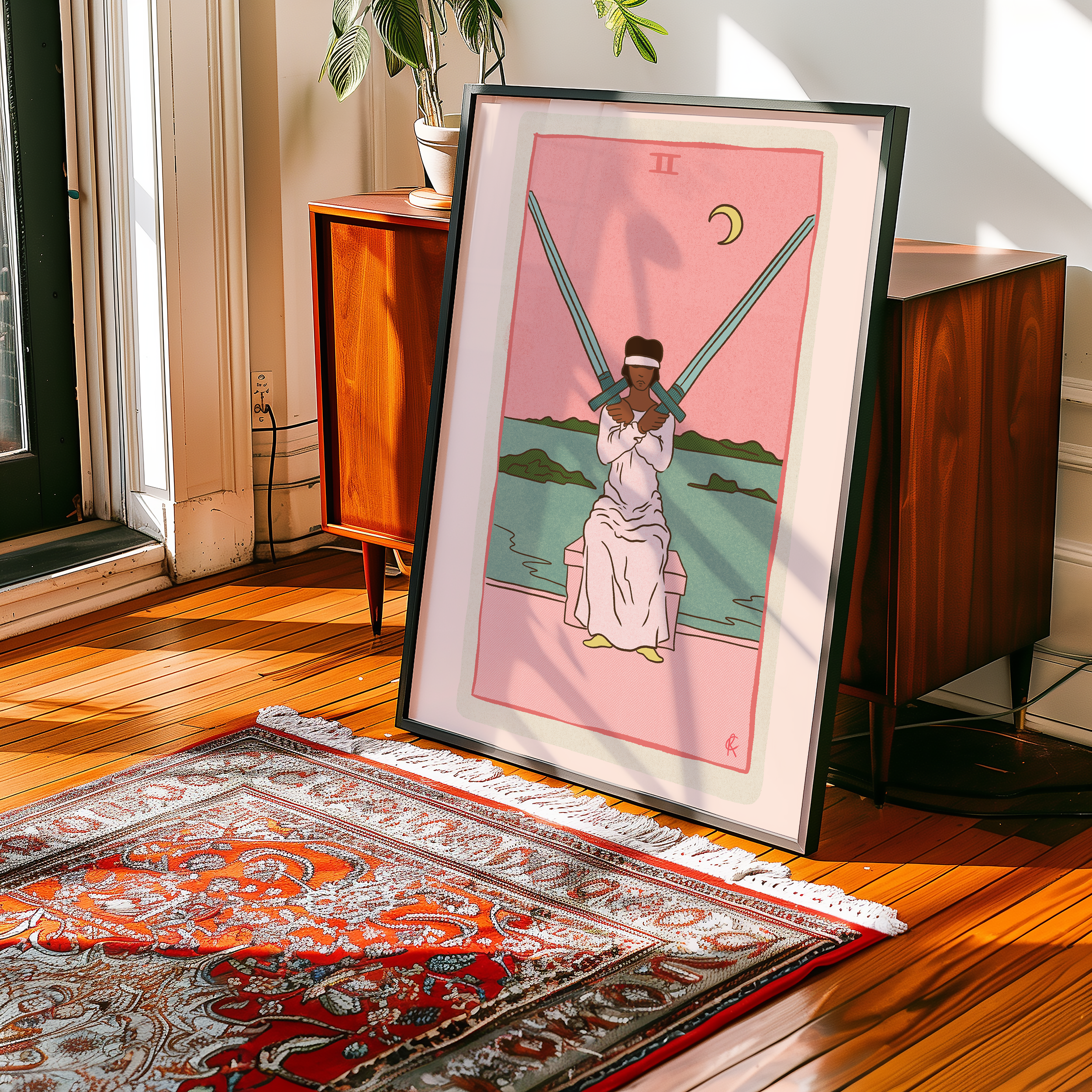 Two of Swords tarot card print, feminine pink witchy spiritual decor poster print.