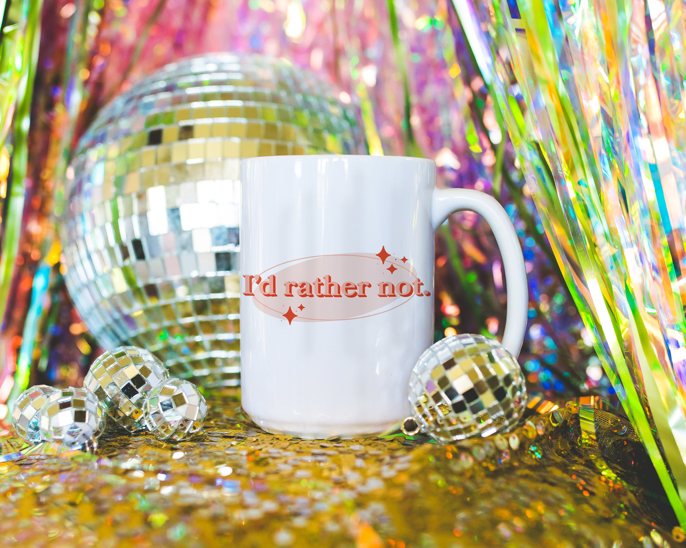Sassy dopamine decor White coffee mug that says "i'd rather not" in a retro vintage style pink orange font. Available in 11oz and 15oz