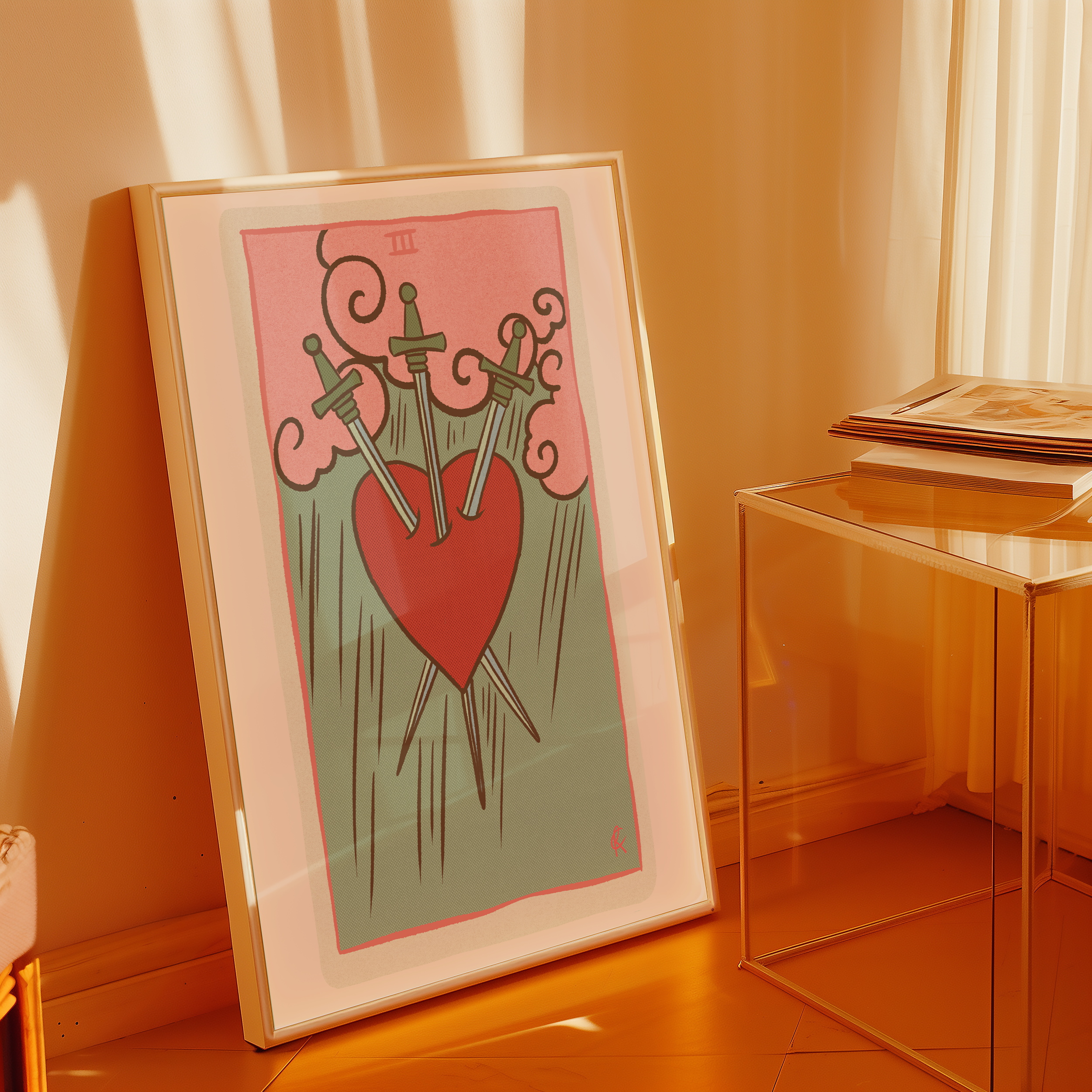 Three of Swords tarot card print, feminine pink witchy spiritual decor poster print.