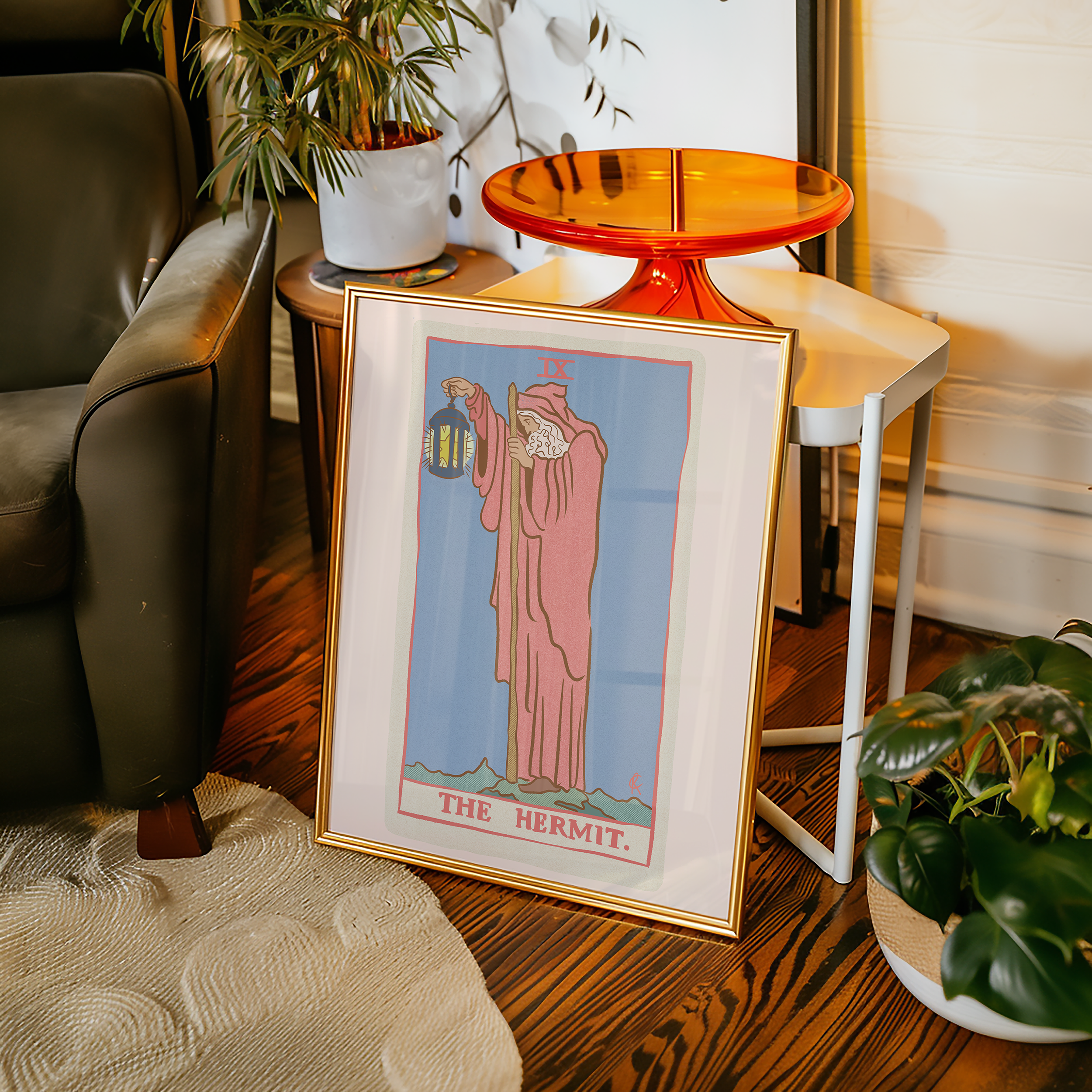 The Hermit tarot card print, feminine pink witchy spiritual decor poster print.