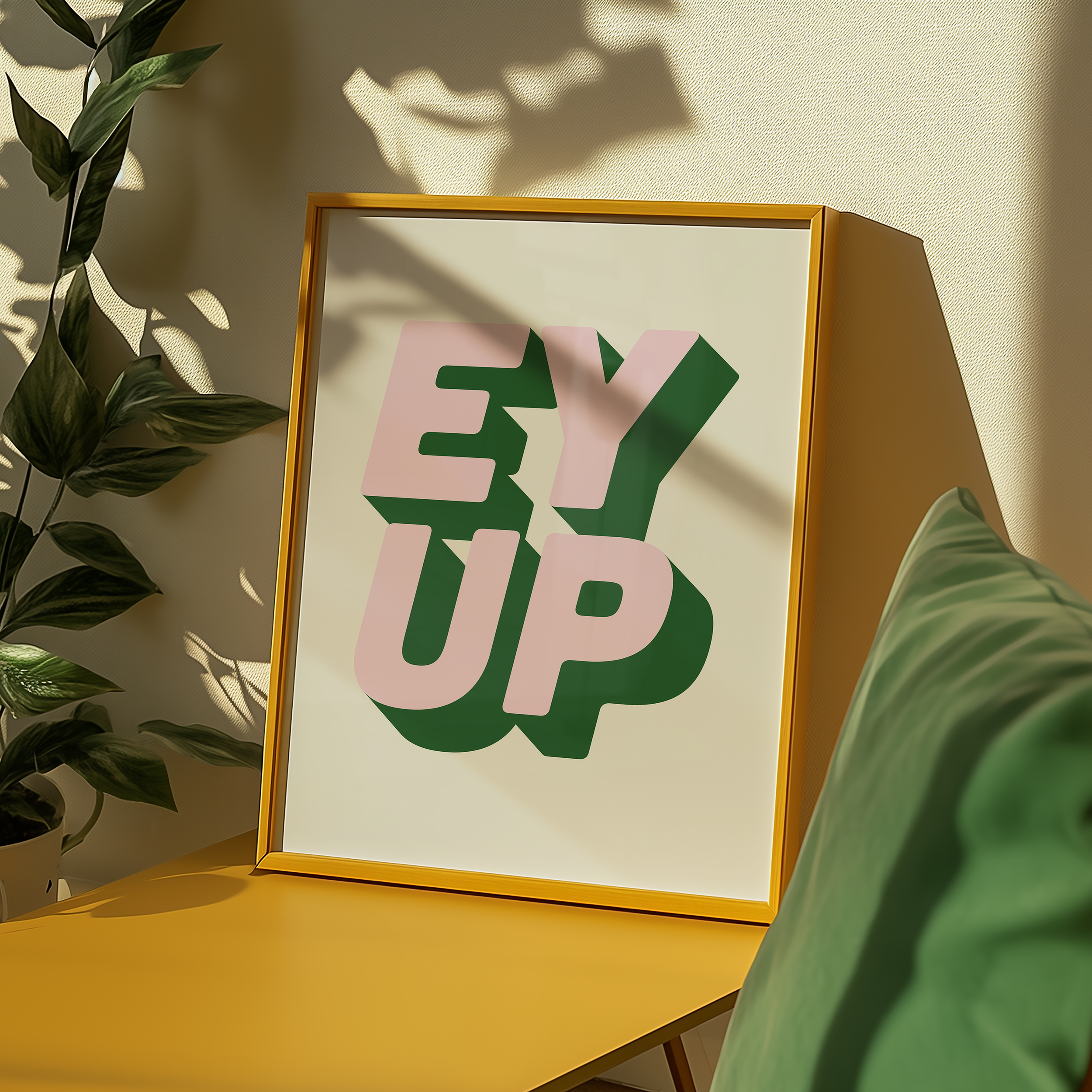 Bold quote print poster decor "Ey up". British quote. Yorkshire quote. Dopamine decor. Retro two tone font green and pink.