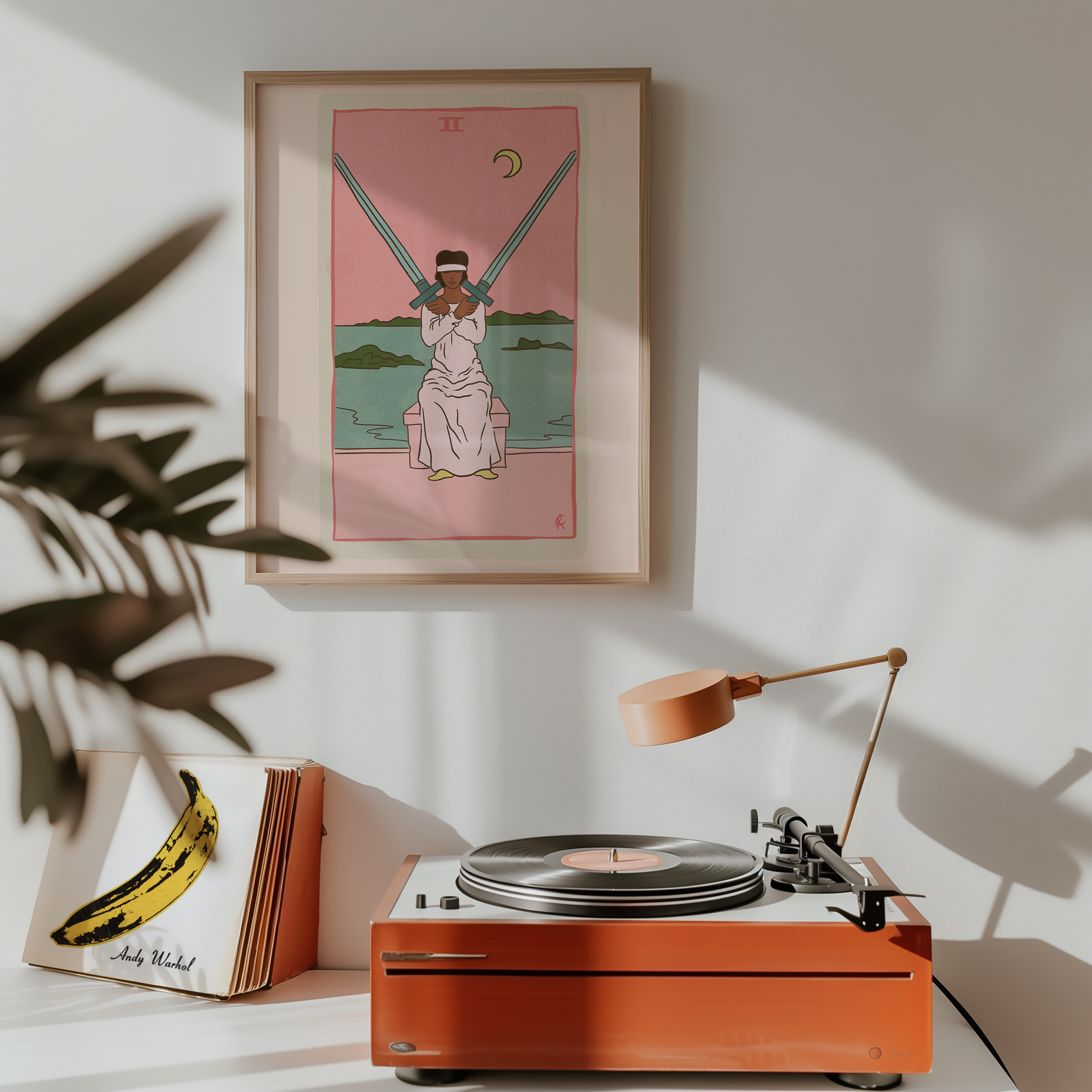 Two of Swords tarot card print, feminine pink witchy spiritual decor poster print.