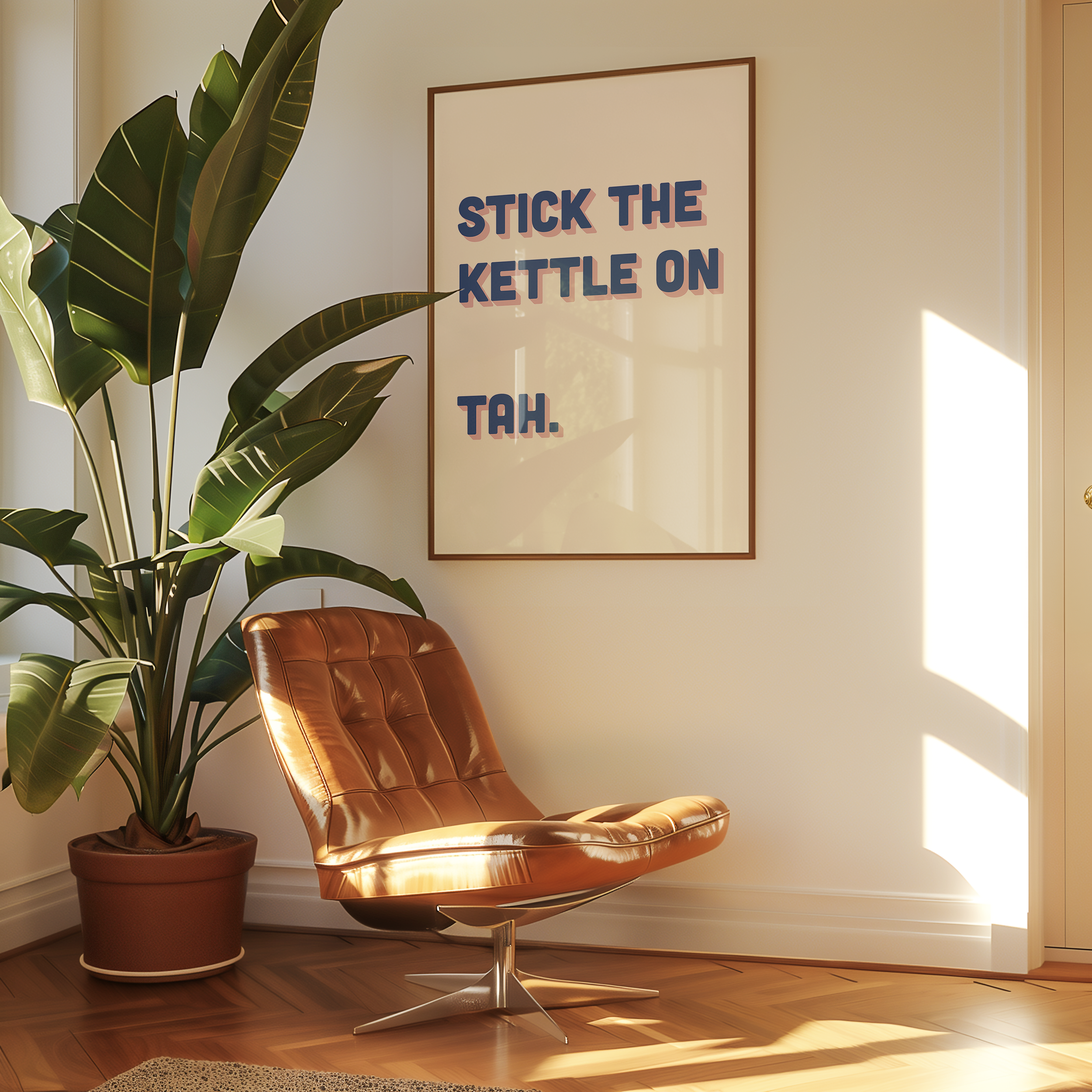 Funny quote print poster that says "Stick the Kettle On Tah" in two tone retro blue and pink font. British humour poster