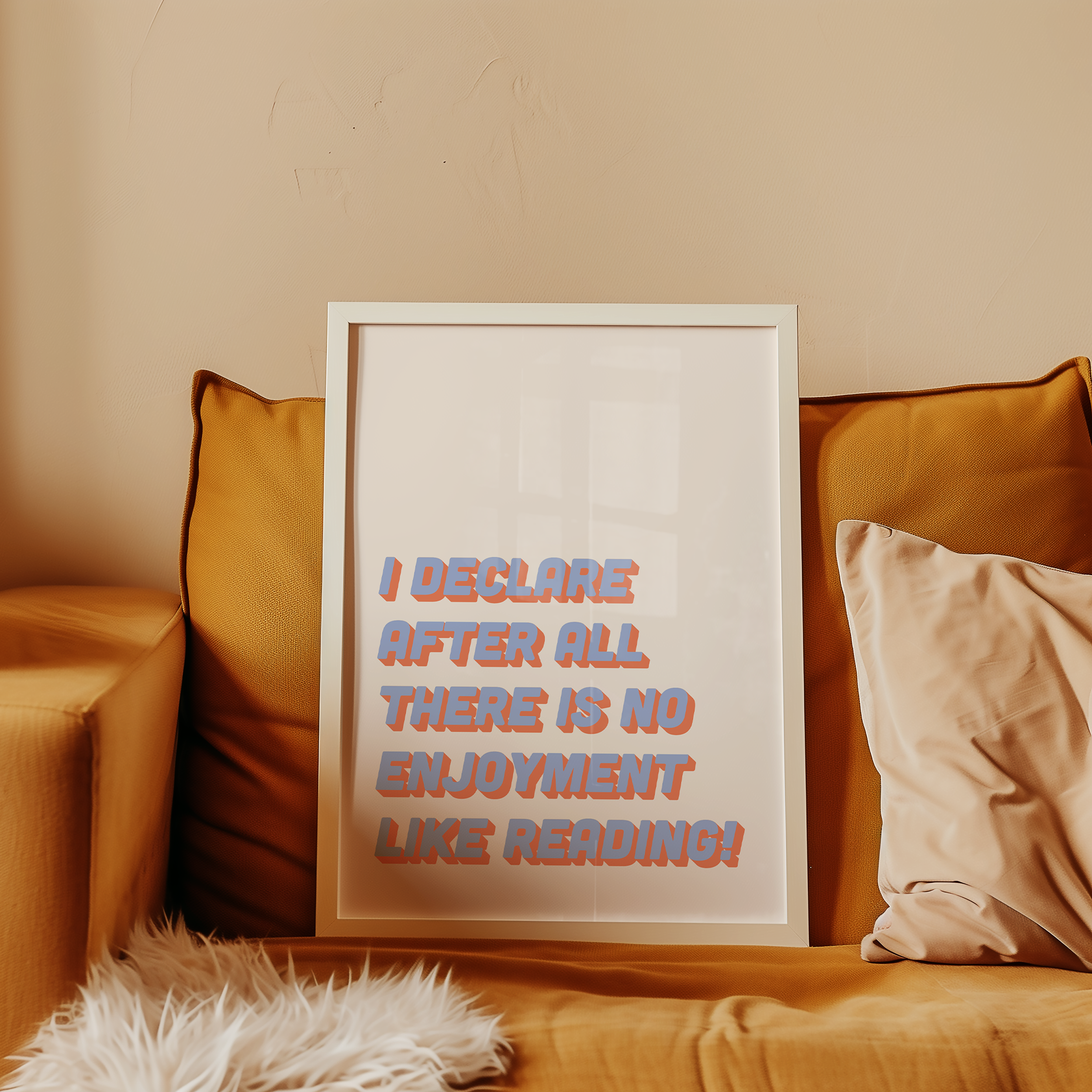 Bold Dopamine decor print poster jane eyre quote “I declare after all there is no enjoyment like reading.” in two tone retro font blue and red