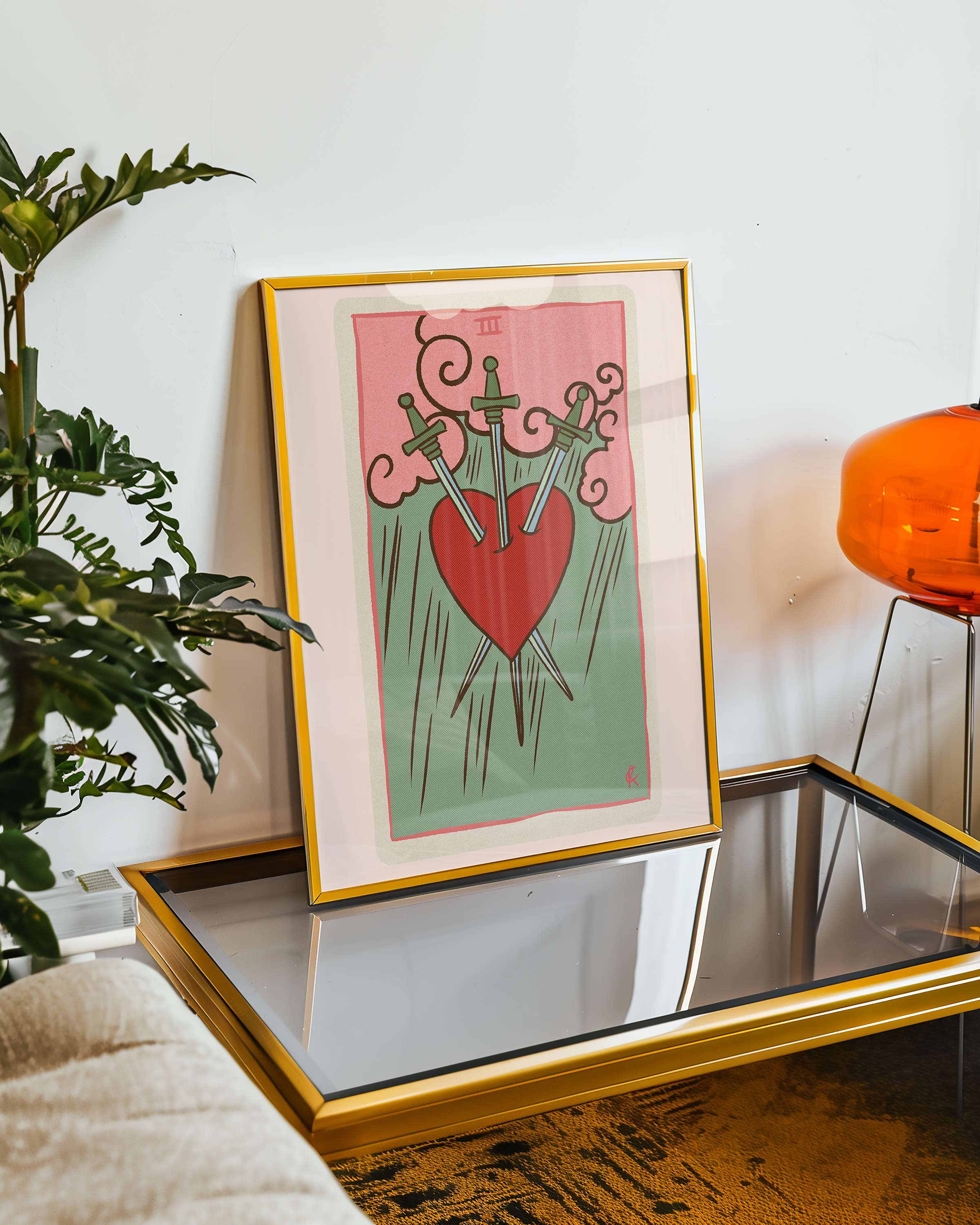 Three of Swords tarot card print, feminine pink witchy spiritual decor poster print.