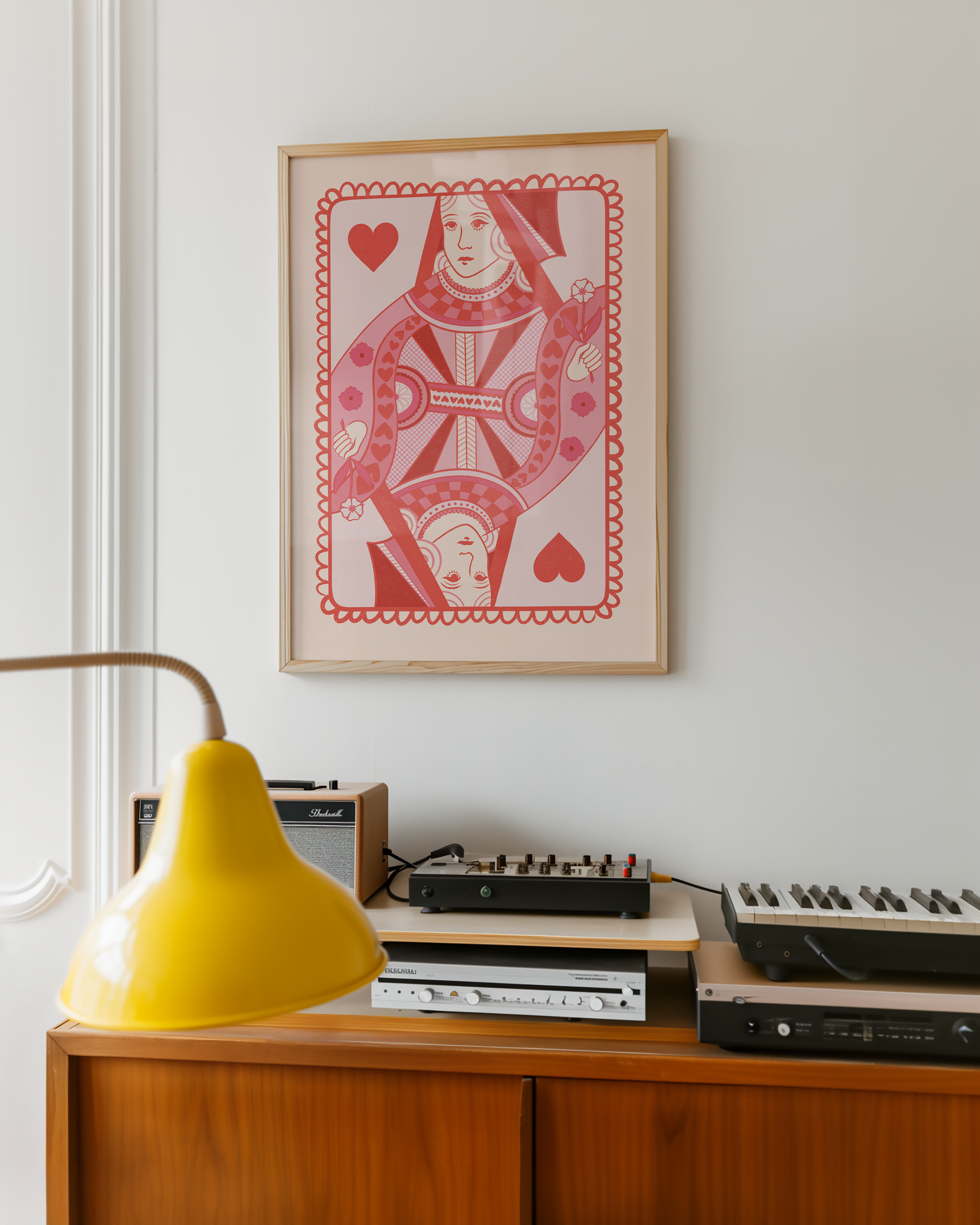 Bold dopamine decor print poster illustarion of queen of hearts card in pink. Feminine decor style. retro feel.