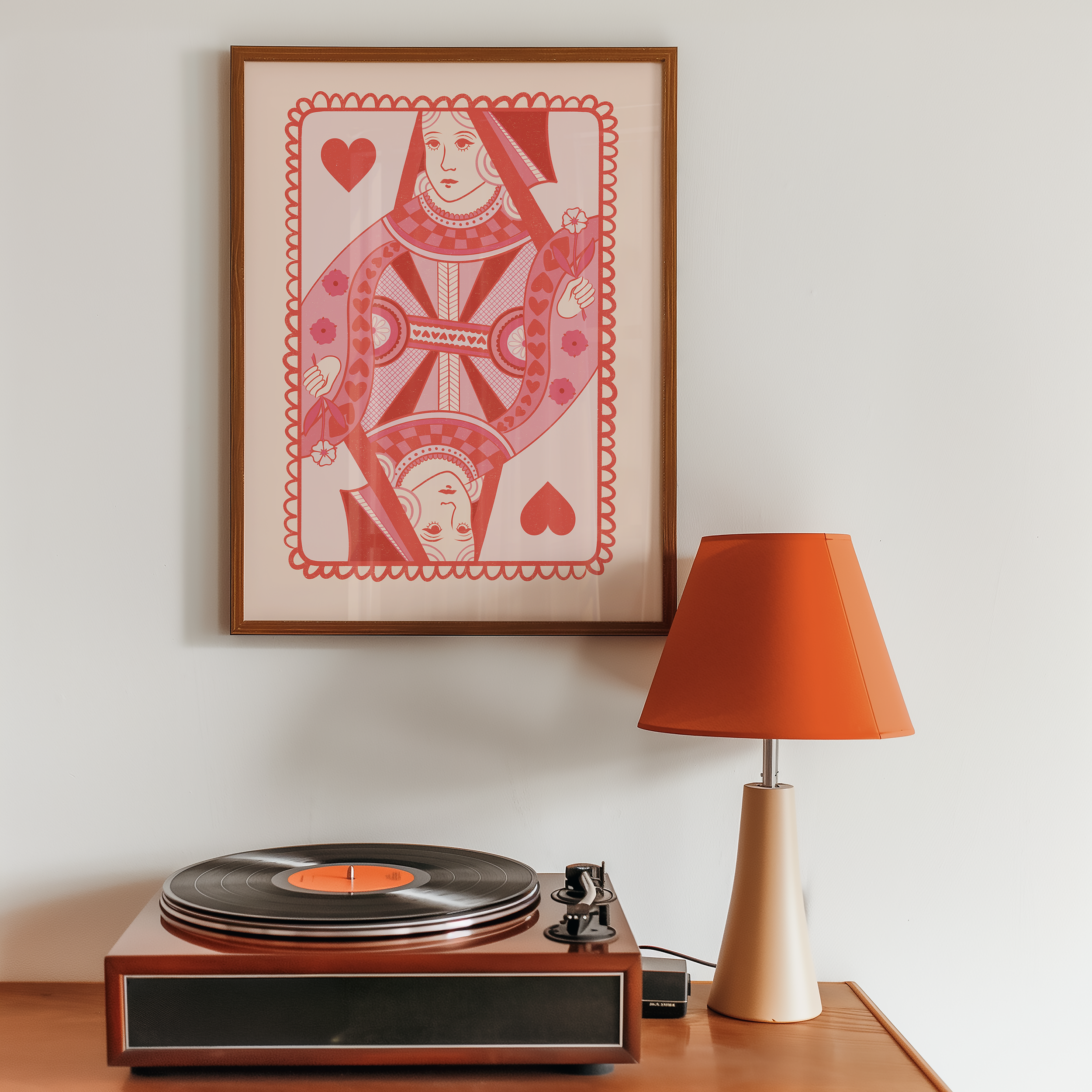 Bold dopamine decor print poster illustarion of queen of hearts card in pink. Feminine decor style. retro feel.