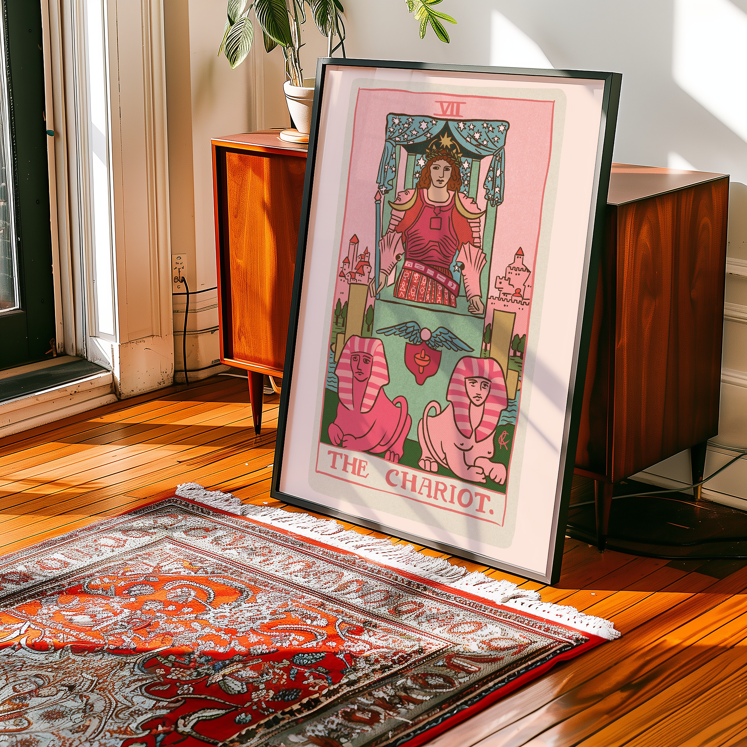 The Chariot tarot card print, feminine pink witchy spiritual decor poster print.