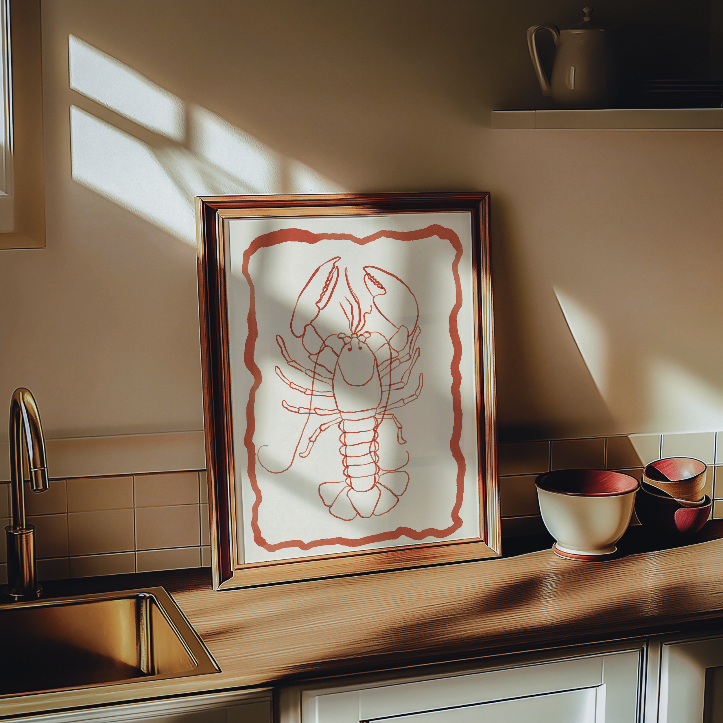 Bold dopamine decor print poster of a lobster in watercolour style. kitchen poster. Red and cream. ocean sea life poster