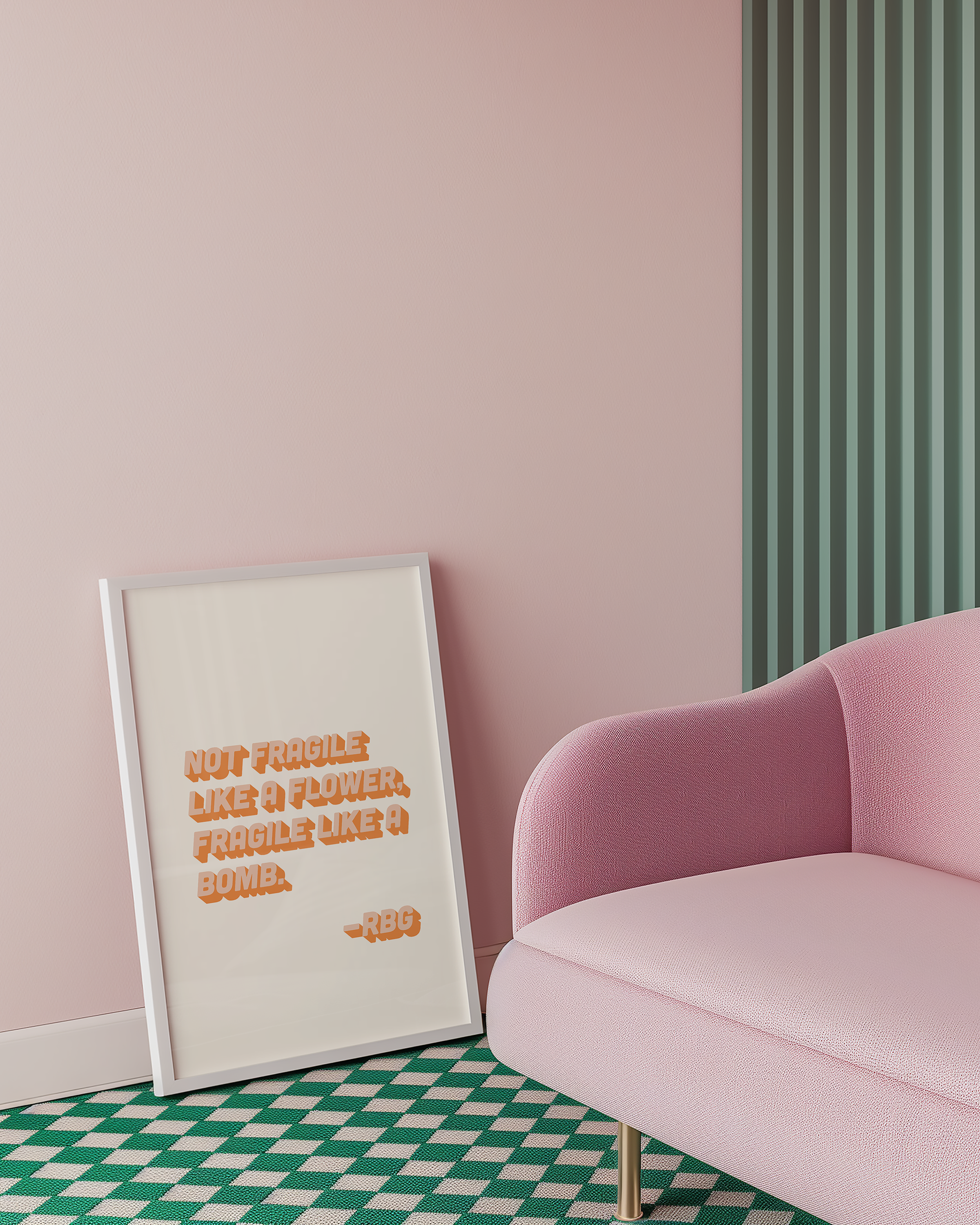 bold dopamine decor ruth bader ginsburg quote print poster "Not Fragile Like a Flower, Fragile Like a Bomb." Feminist print poster. Retro two tone font in orange