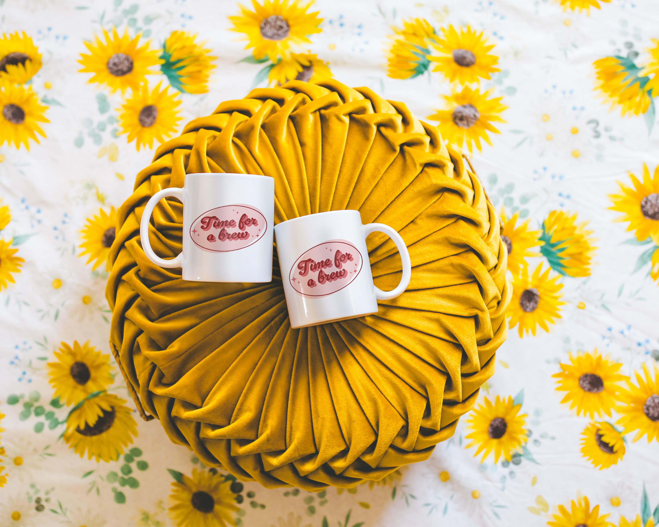 White coffee mug that says "time for a brew" in a retro vintage font that's pink. Available in 11oz and 15oz
