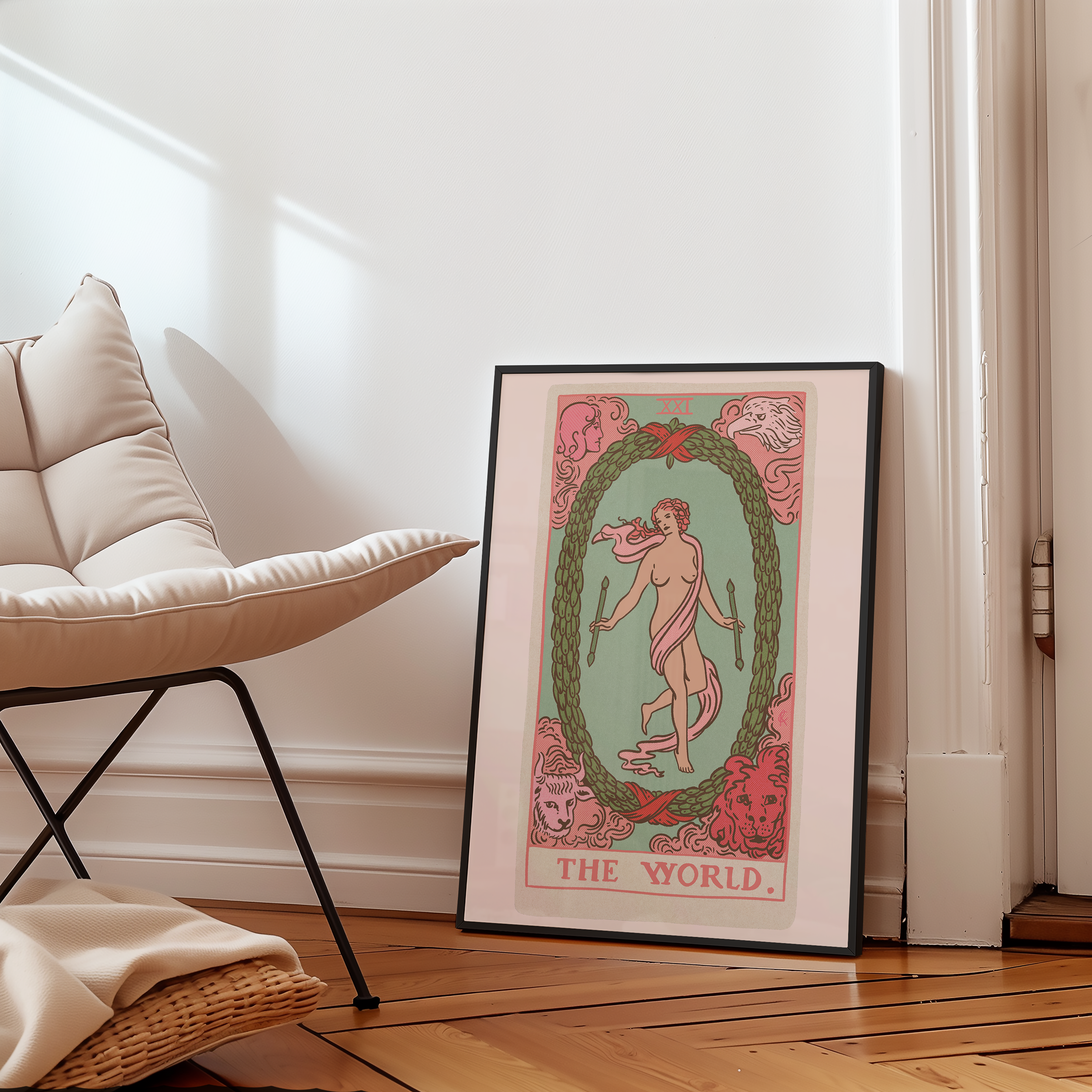 The World tarot card print, feminine pink witchy spiritual decor poster print.