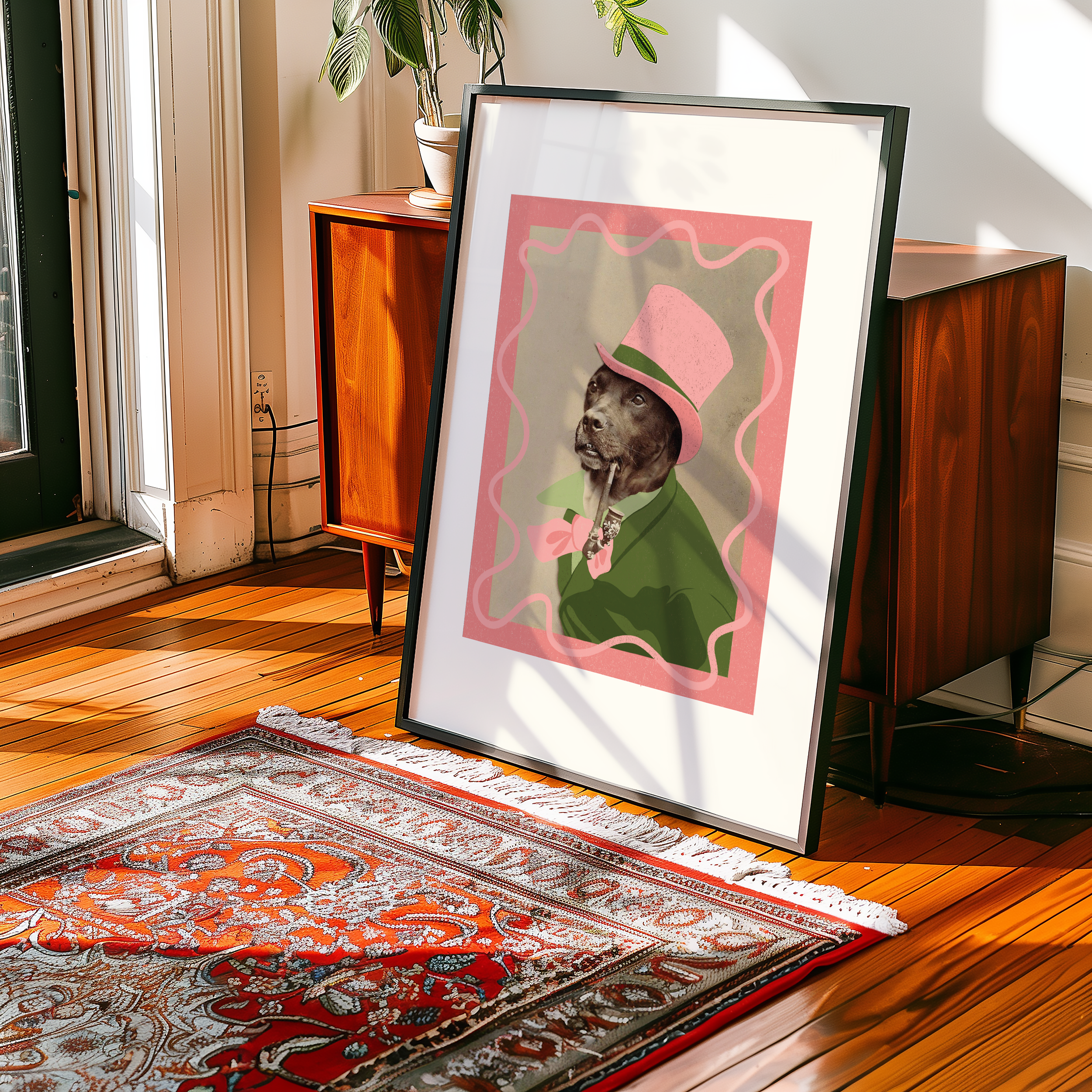 Dopamine decor poster print. Victorian photography of a dog in a top hat, enhances with modern colour elements of pink and green