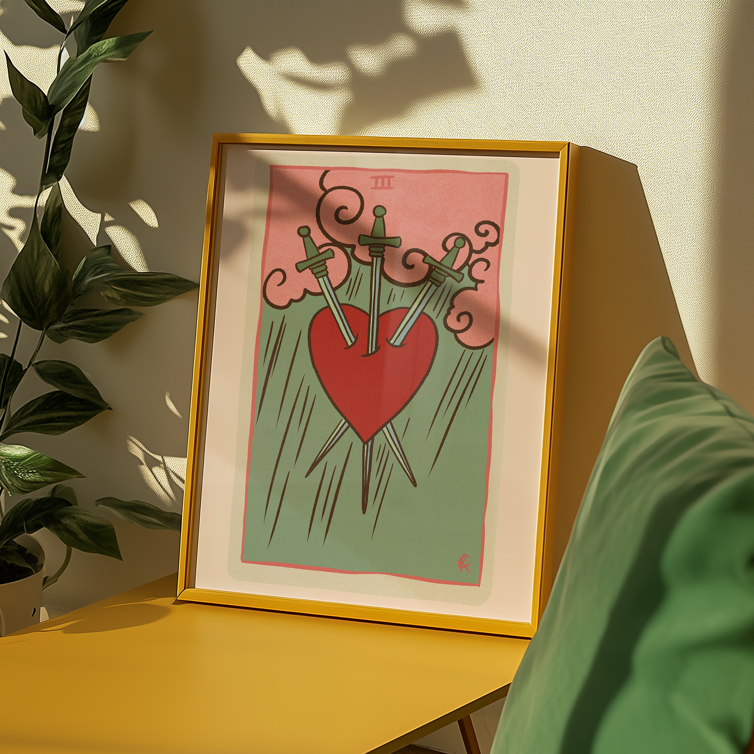 Three of Swords tarot card print, feminine pink witchy spiritual decor poster print.