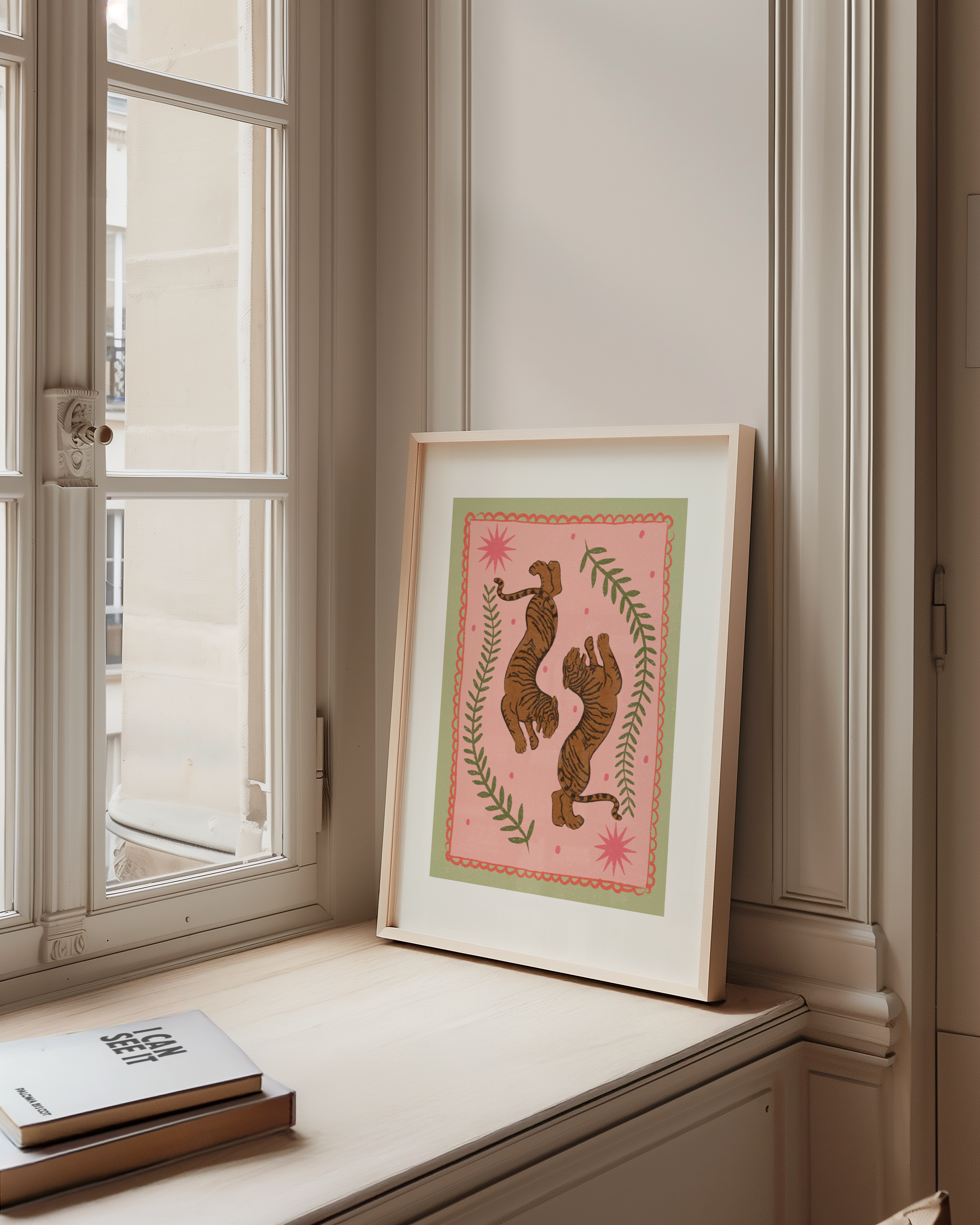 Bold dopamine decor print poster illustration of tigers. Retro style decor. midcentury modern