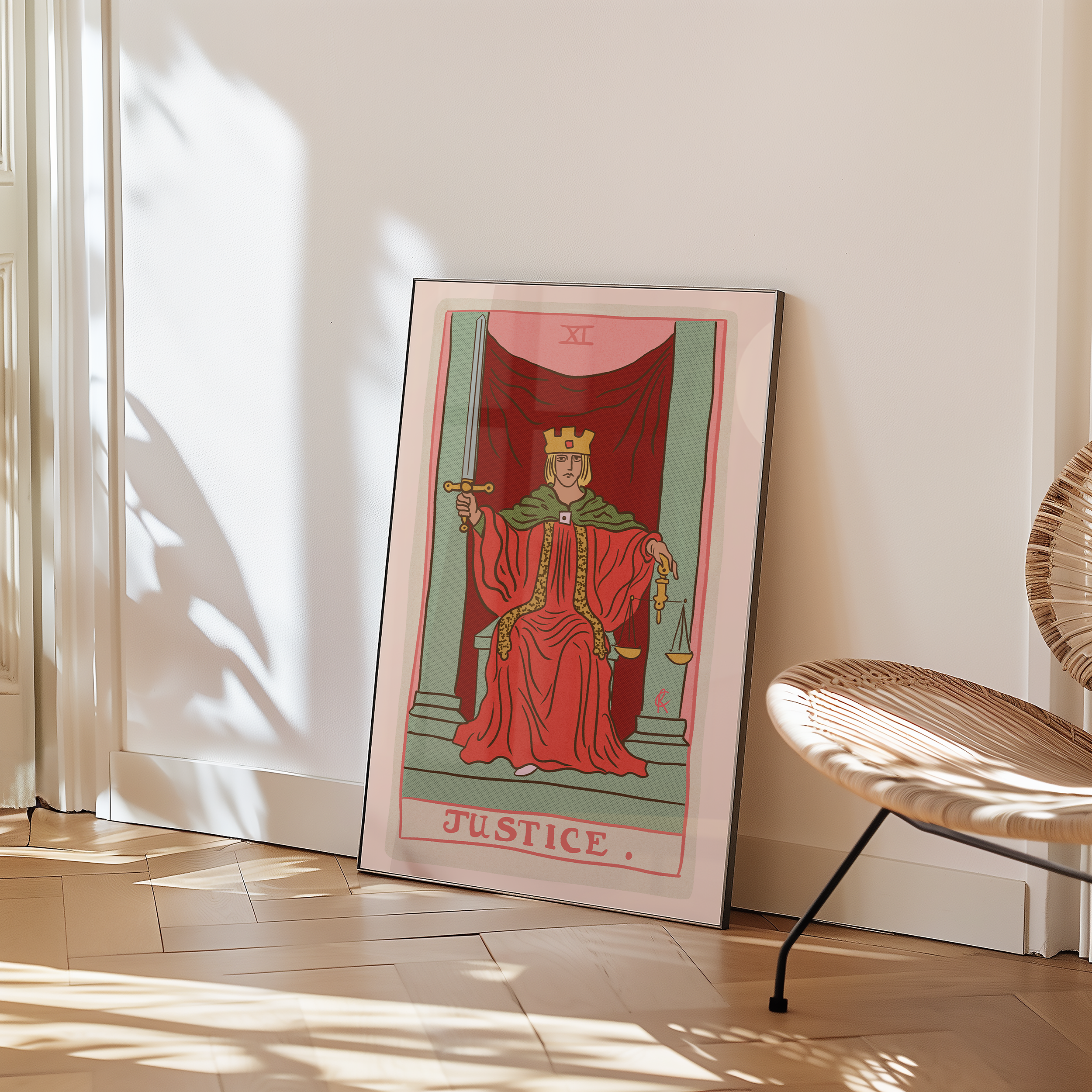 Justice tarot card print, feminine pink witchy spiritual decor poster print.
