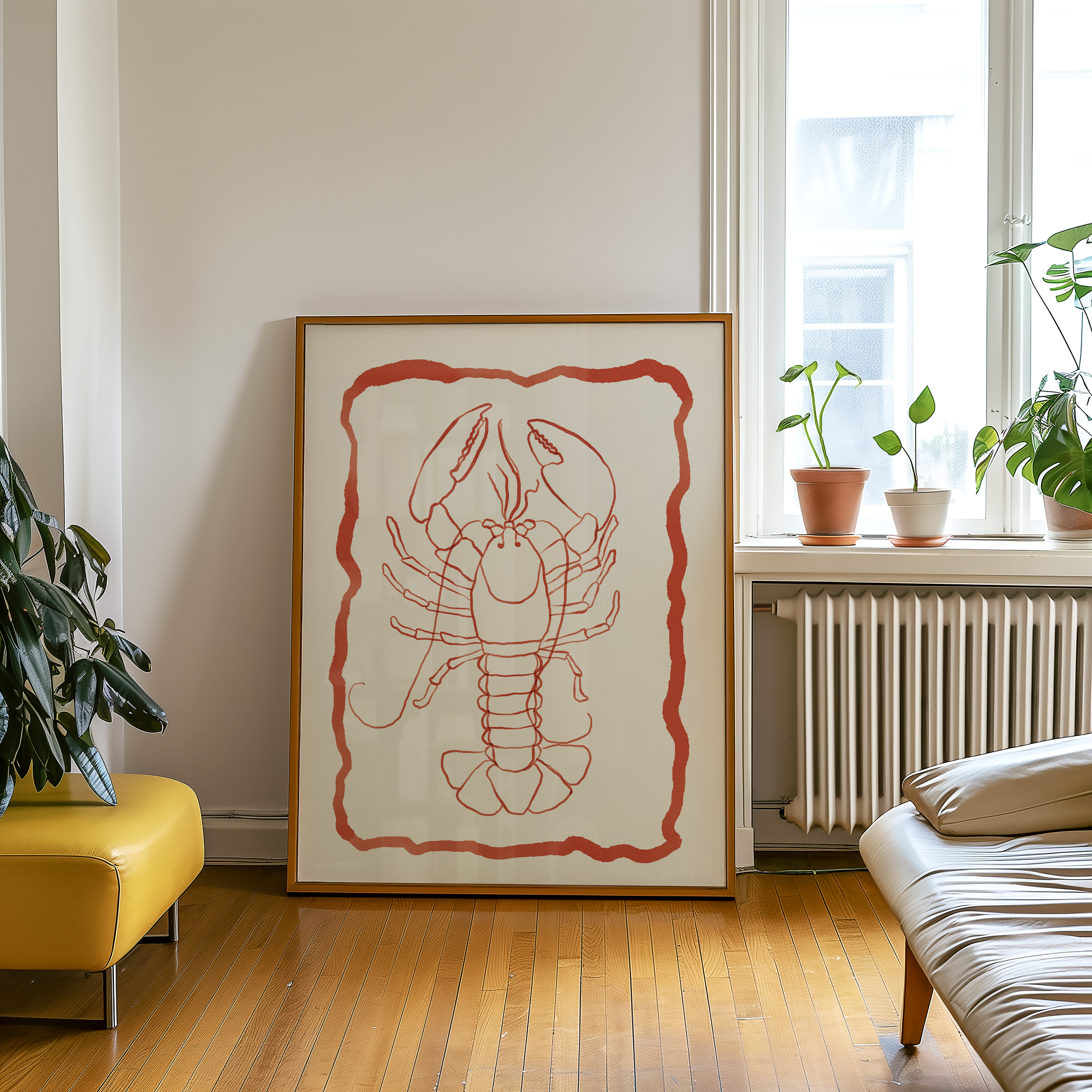 Bold dopamine decor print poster of a lobster in watercolour style. kitchen poster. Red and cream. ocean sea life poster