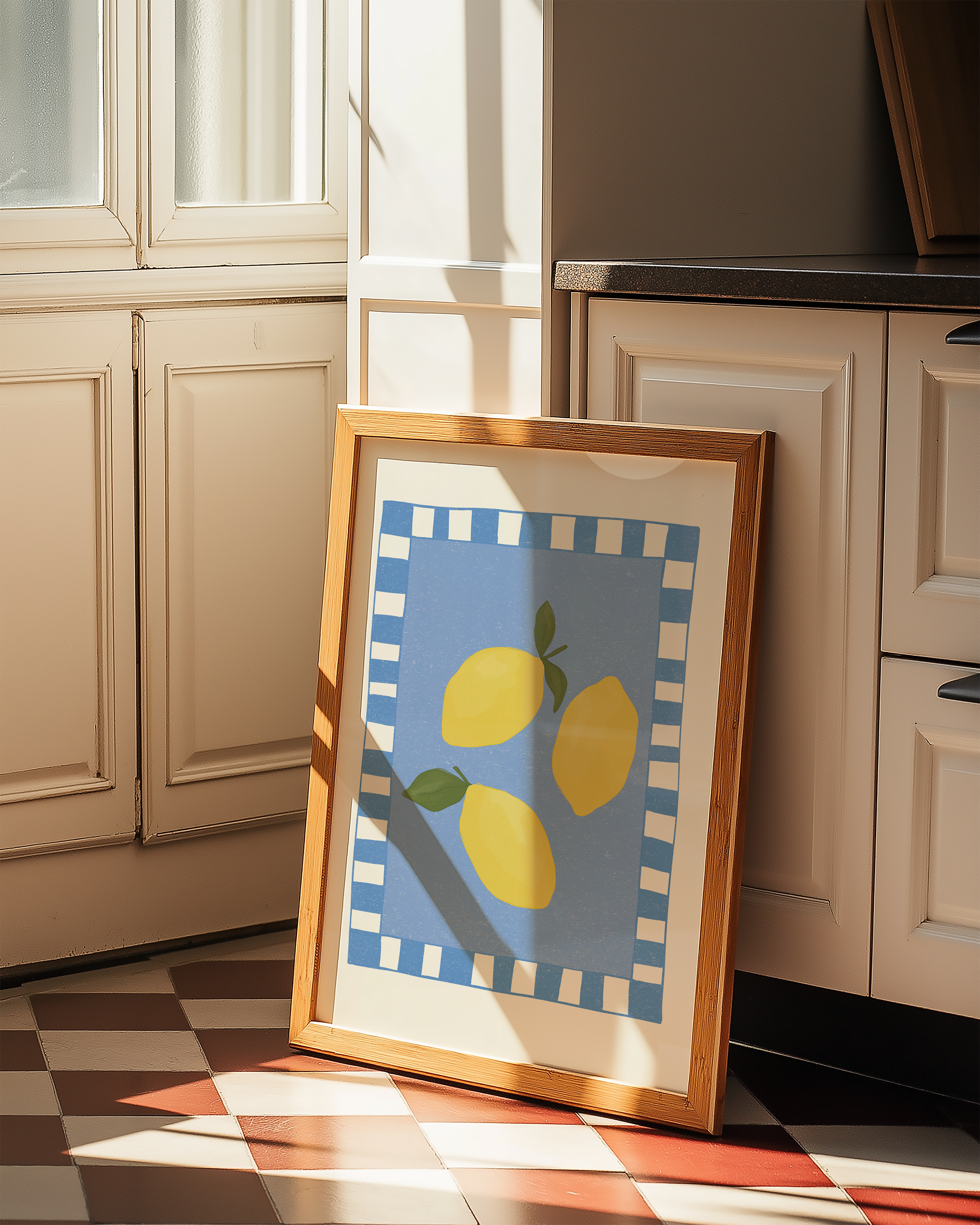 Bold dopamine decor print poster of lemons. kitchen poster. Yellow and blue. Mediterranean fee