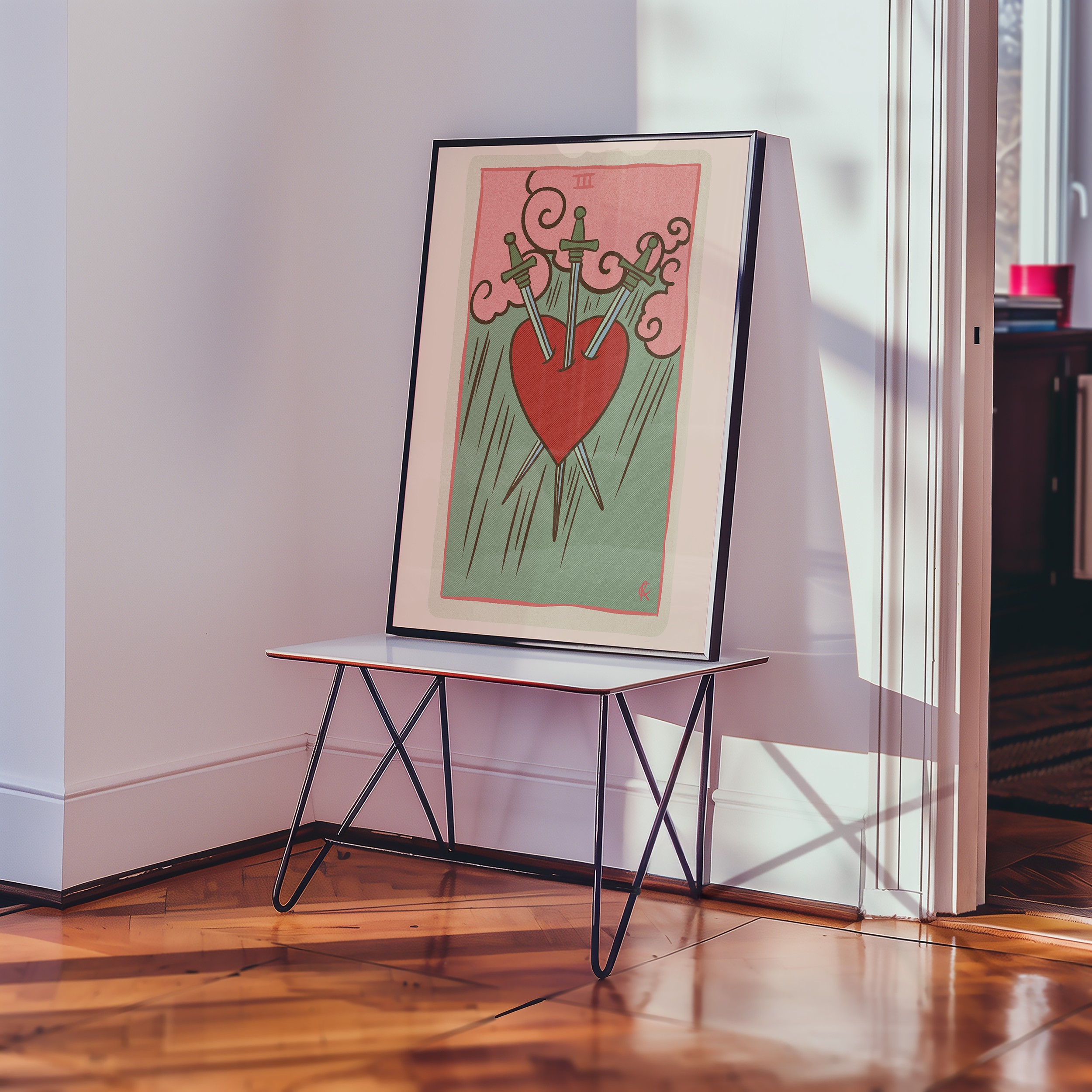 Three of Swords tarot card print, feminine pink witchy spiritual decor poster print.