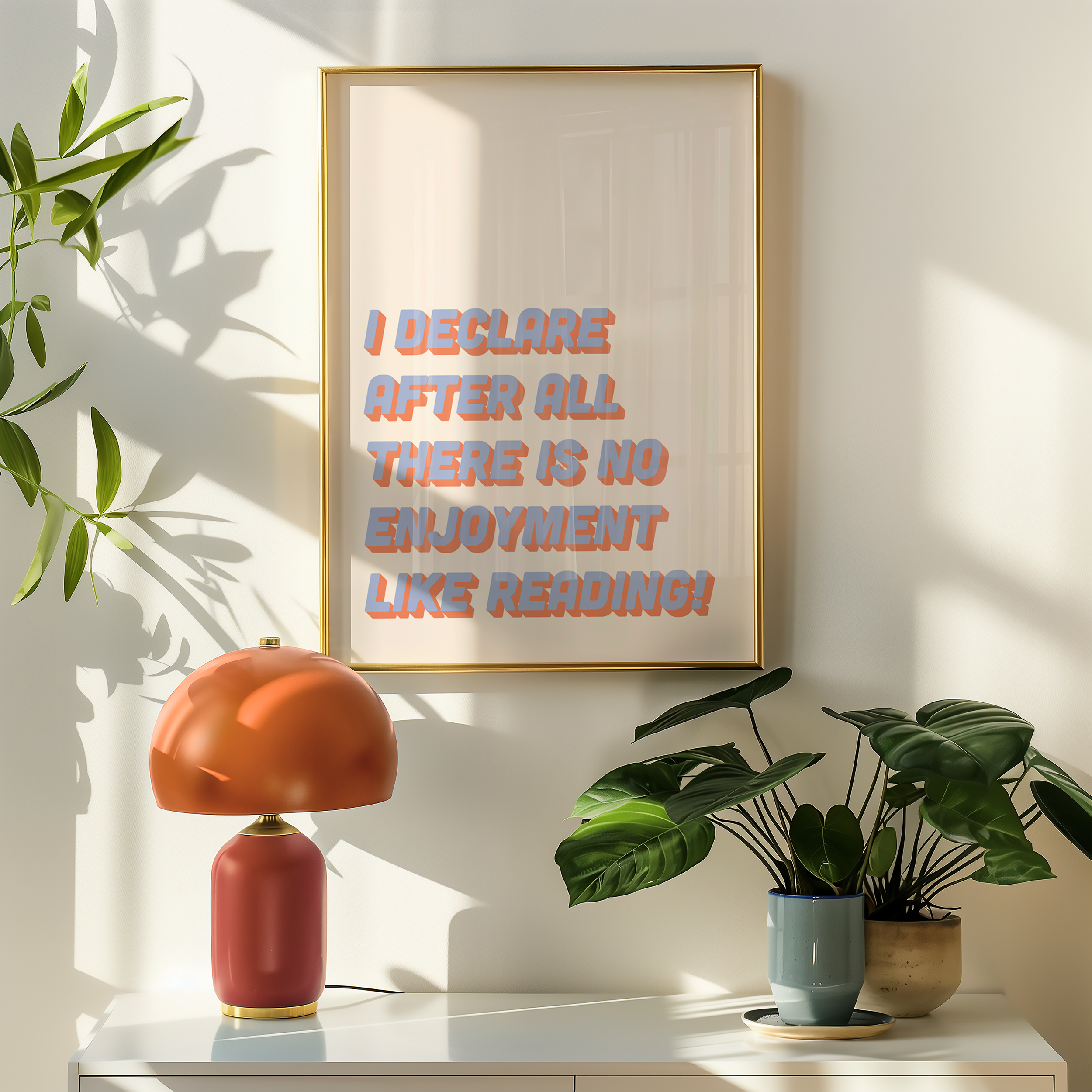 Bold Dopamine decor print poster jane eyre quote “I declare after all there is no enjoyment like reading.” in two tone retro font blue and red