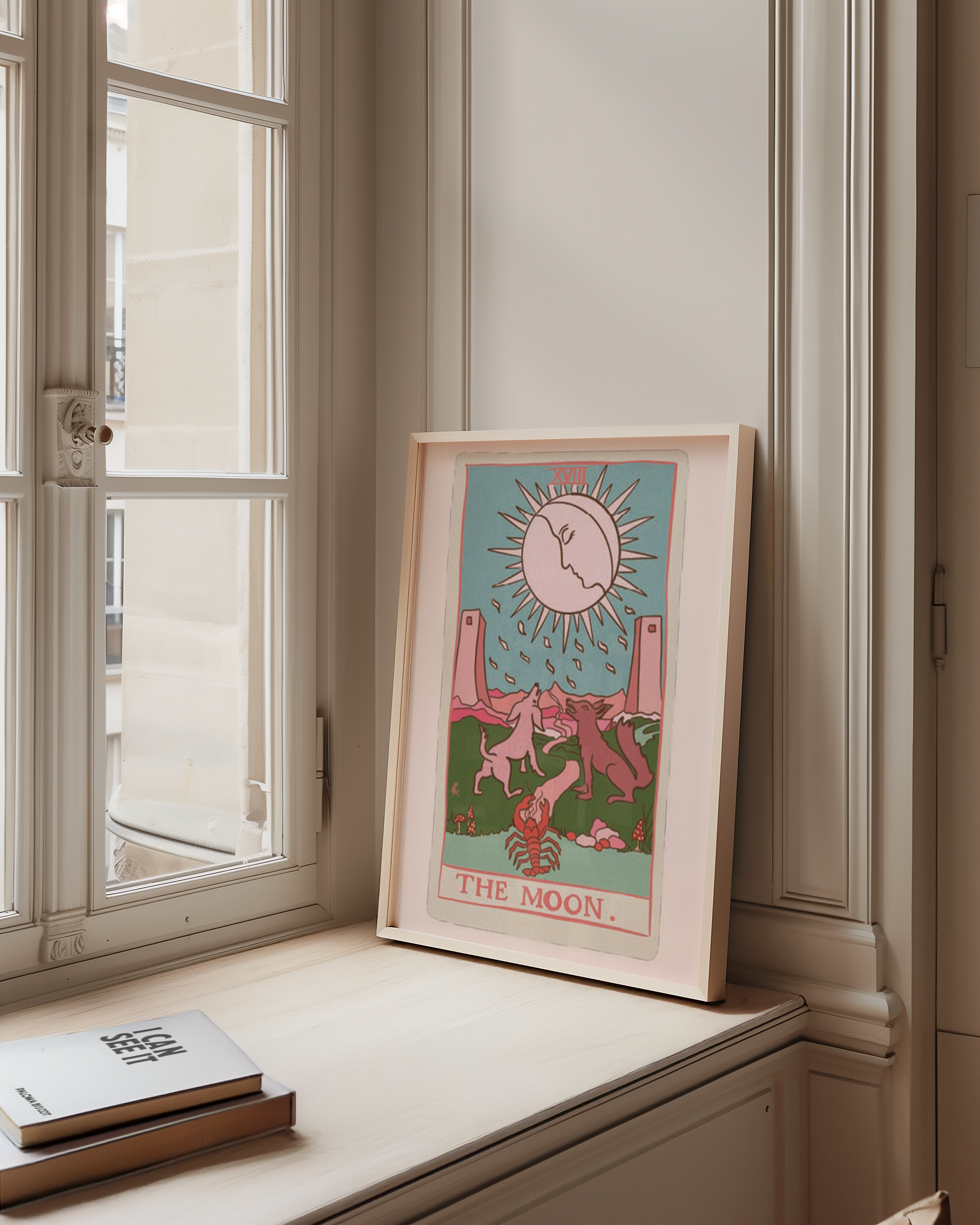 The Moon tarot card print, feminine pink witchy spiritual decor poster print.