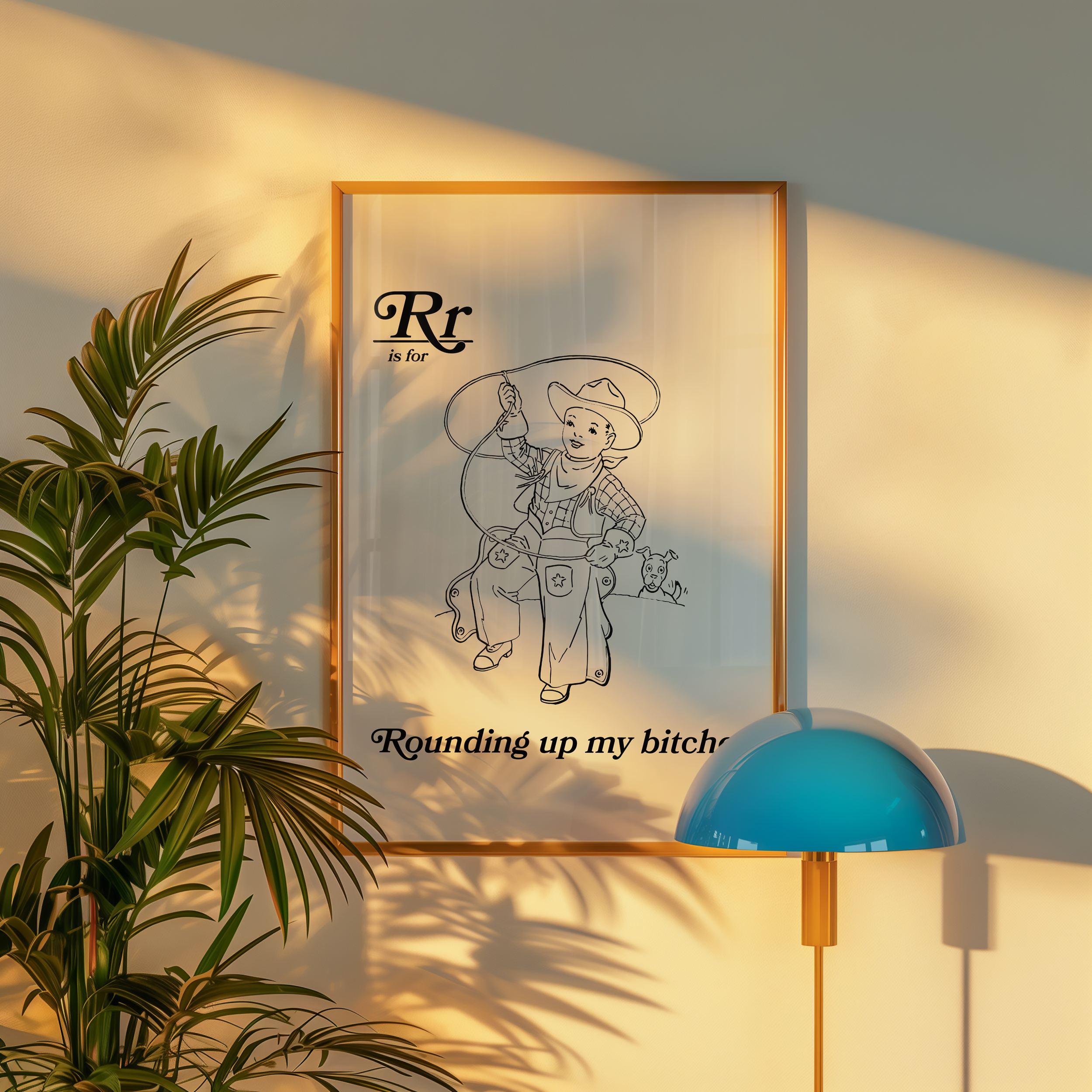 Dopamine decor poster print of retro style alphabet poster for the letter R or a childrens illuration cowboy with a lasso that say "R is for Rounding up my bitches." Adult humour print.