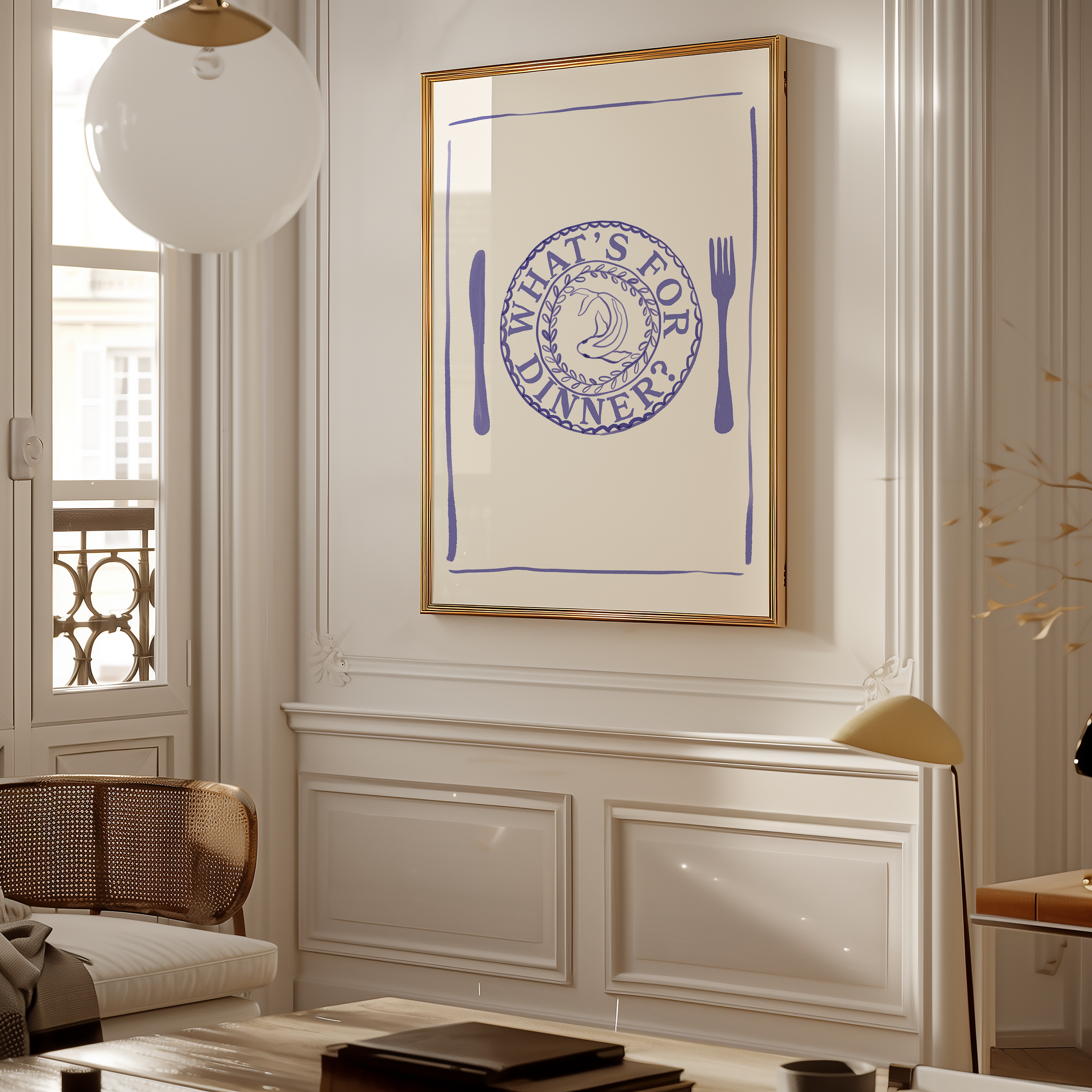 Bold dopamine decor print poster of a dinner place and knife and fork with the phrase "Whats's for dinner?" in watercolour style. kitchen poster. Blue and cream. Food poster print